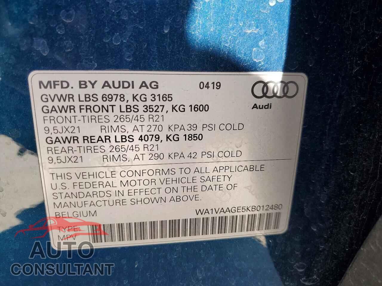 AUDI E-TRON 2019 - WA1VAAGE5KB012480
