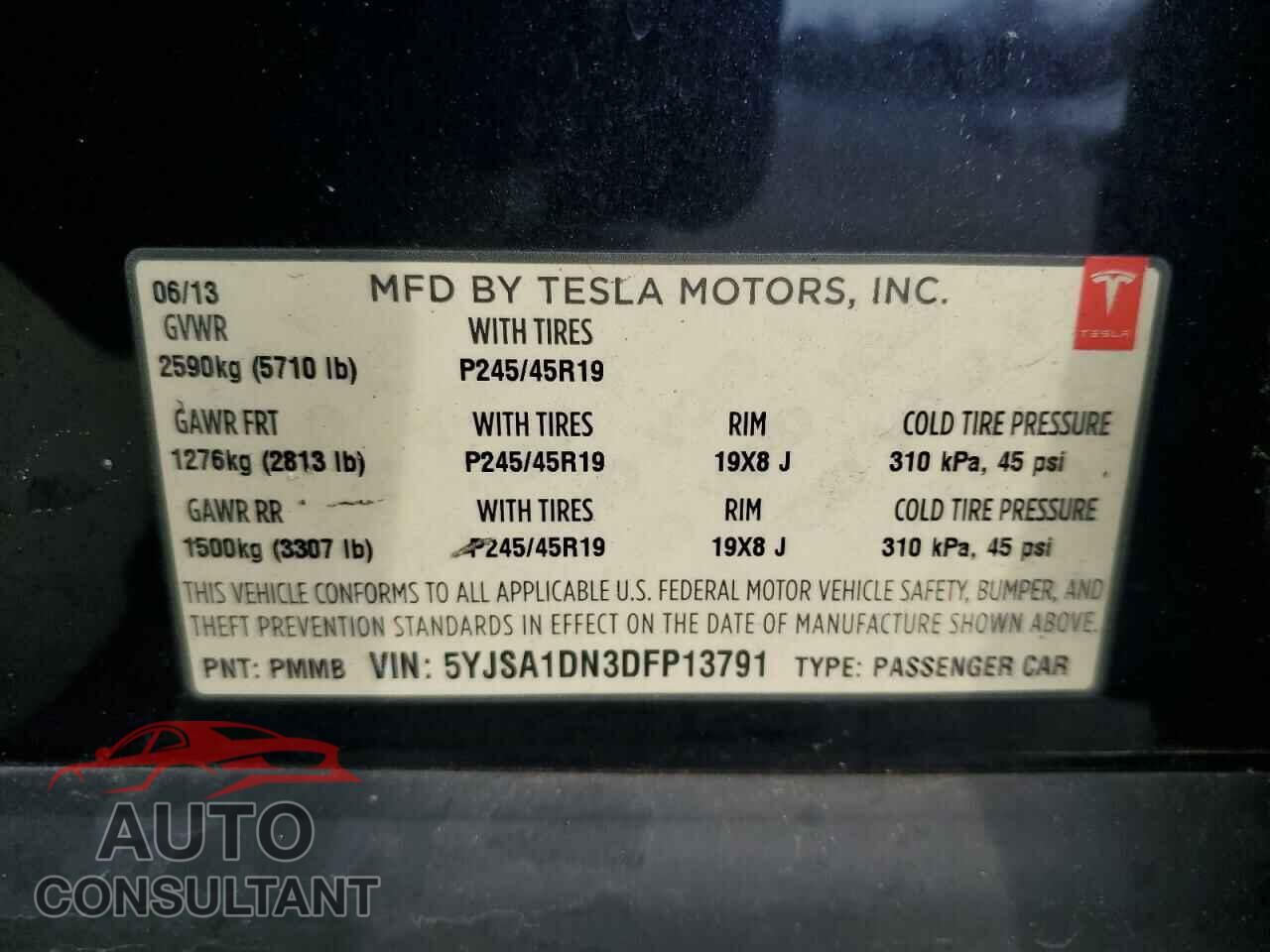 TESLA MODEL S 2013 - 5YJSA1DN3DFP13791