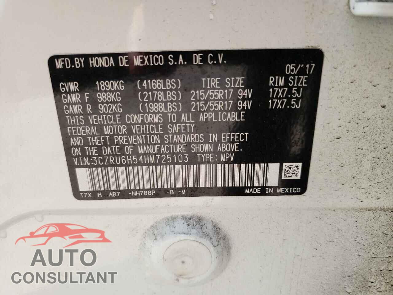 HONDA HR-V 2017 - 3CZRU6H54HM725103