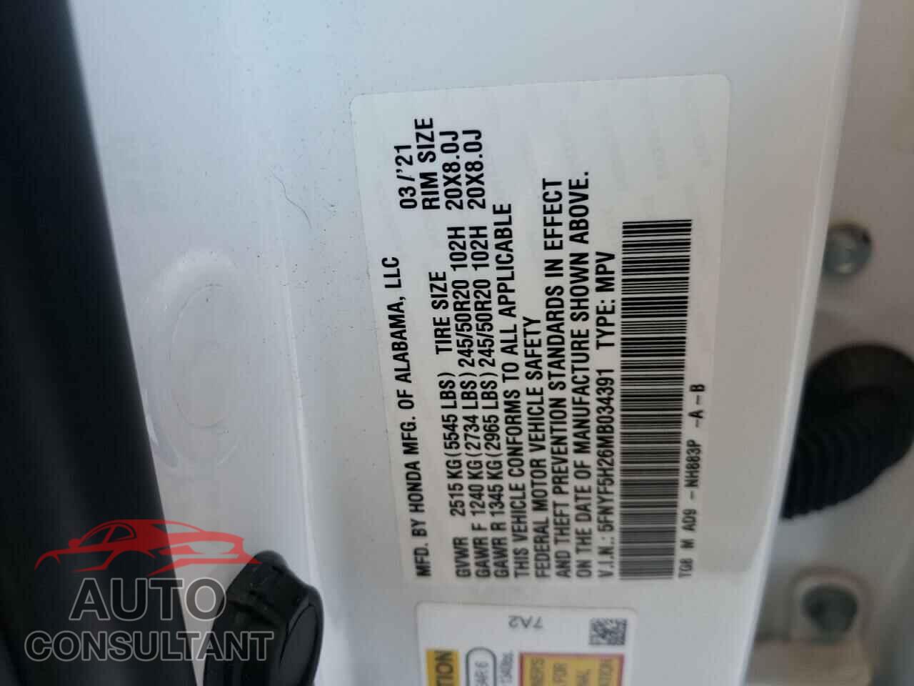 HONDA PILOT 2021 - 5FNYF5H26MB034391