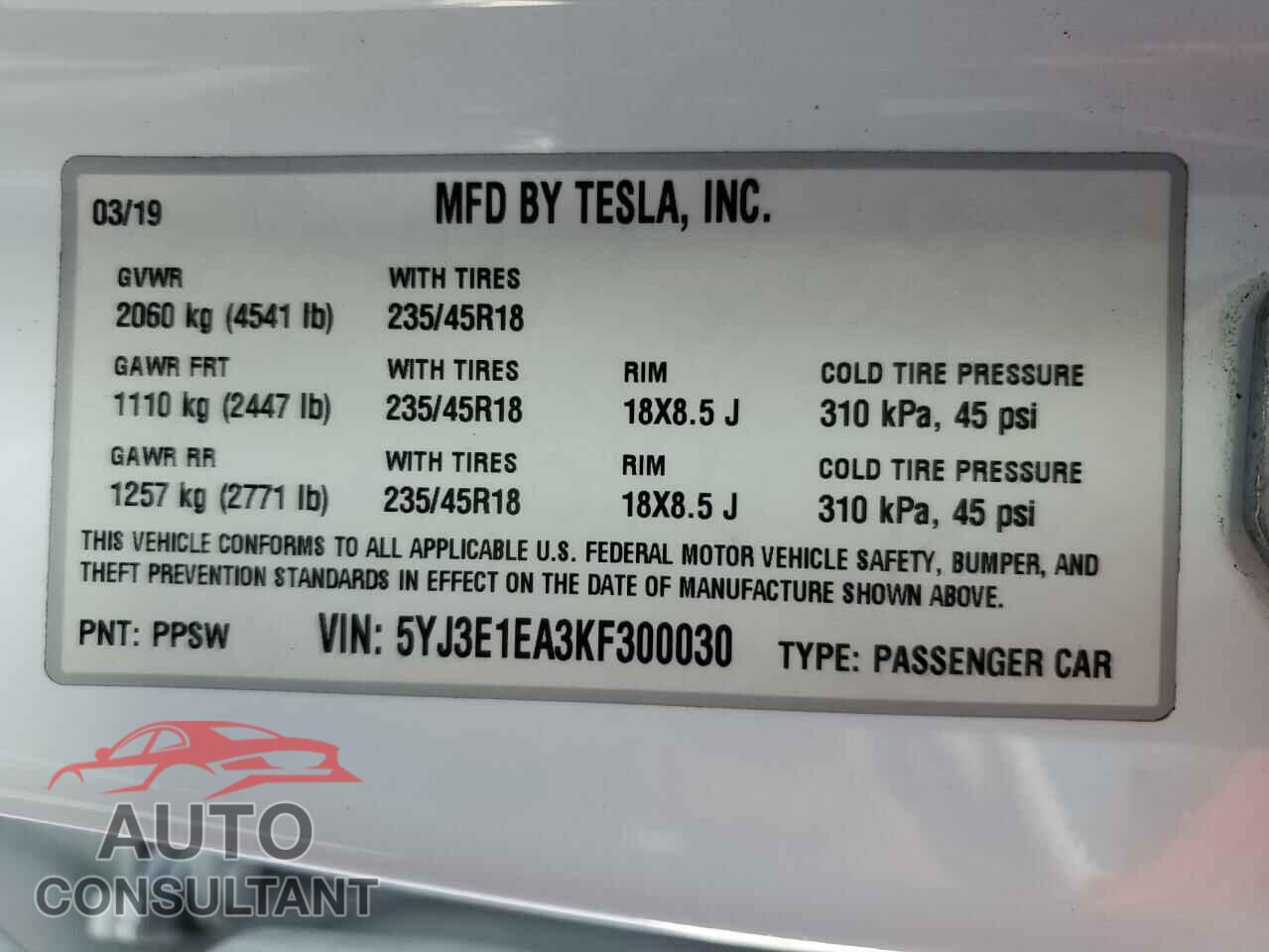 TESLA MODEL 3 2019 - 5YJ3E1EA3KF300030