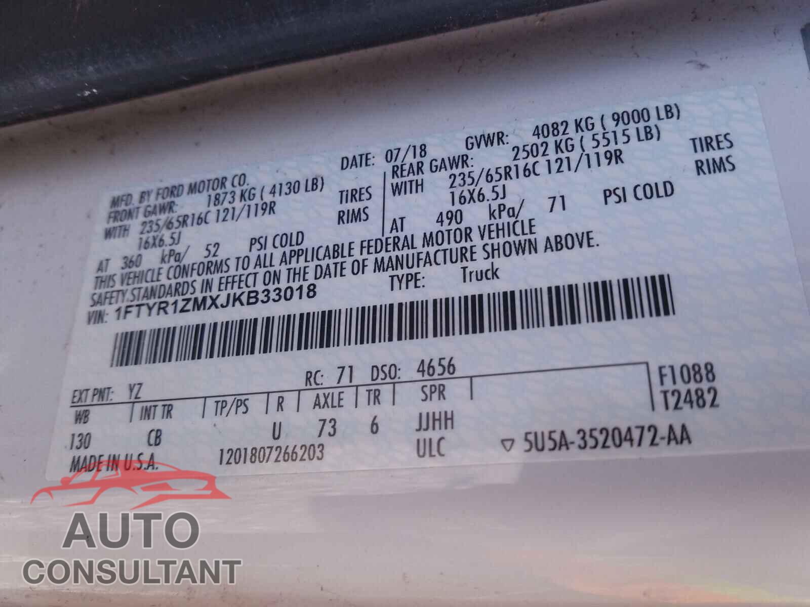 FORD TRANSIT CO 2018 - 1FTYR1ZMXJKB33018