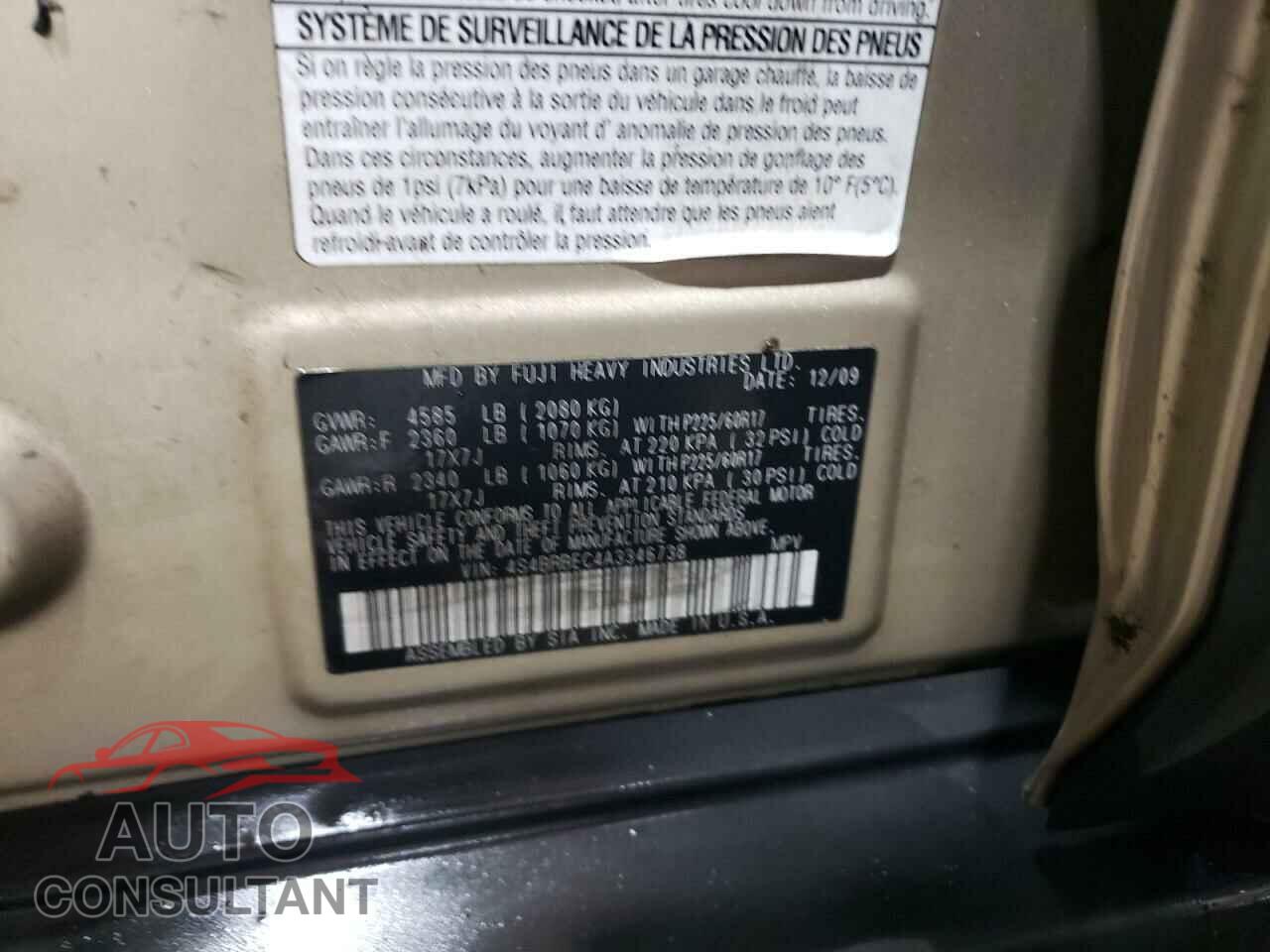 SUBARU OUTBACK 2010 - 4S4BRBEC4A3346738
