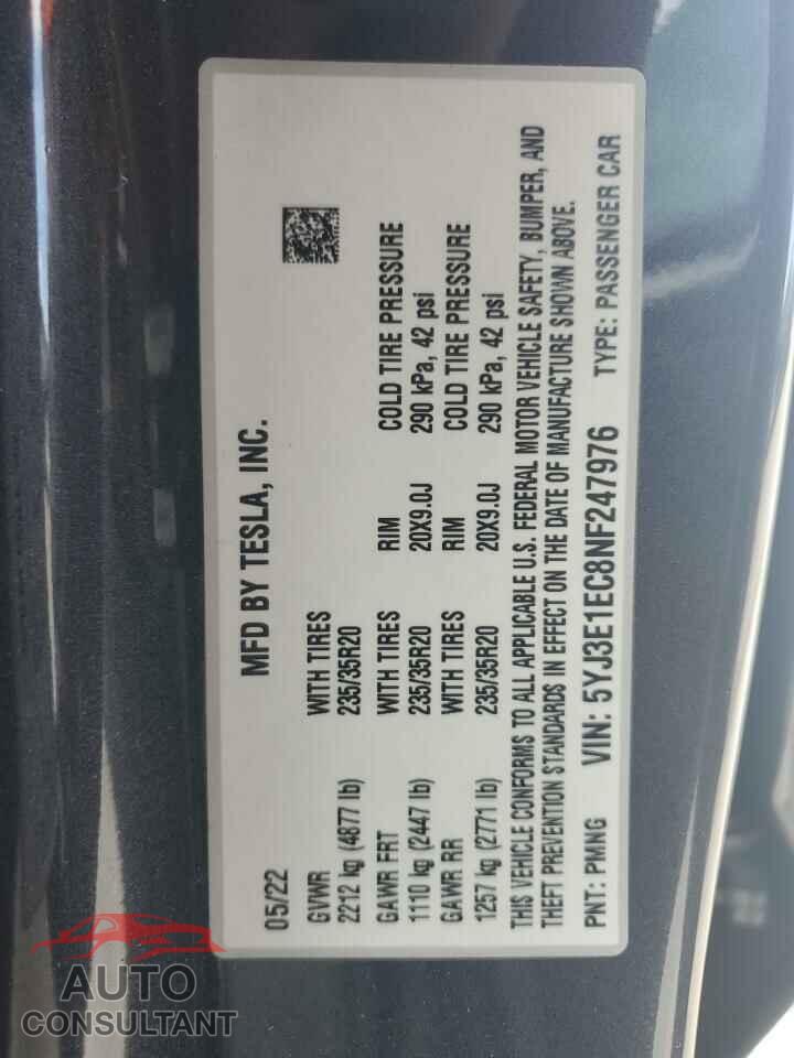 TESLA MODEL 3 2022 - 5YJ3E1EC8NF247976