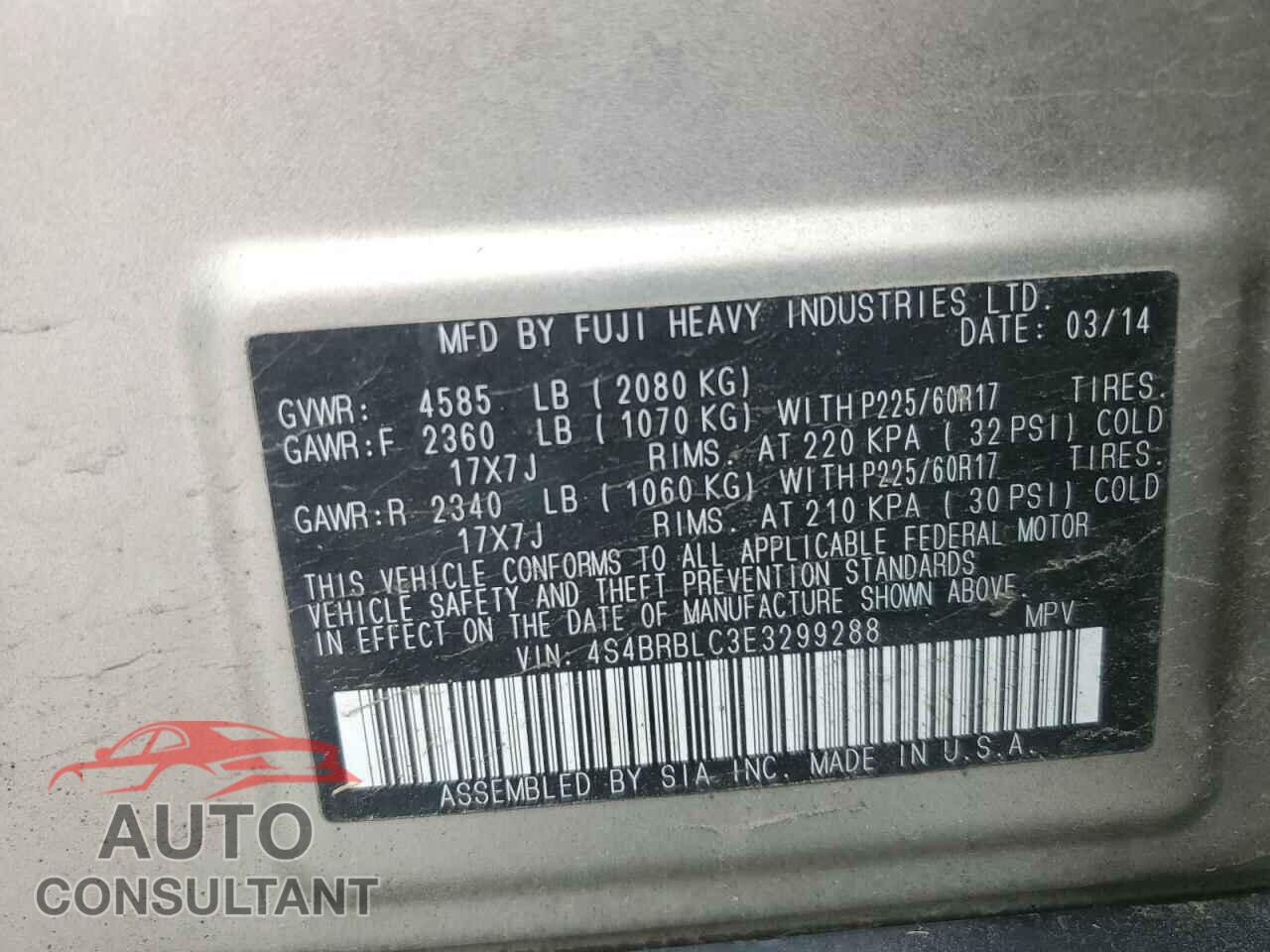SUBARU OUTBACK 2014 - 4S4BRBLC3E3299288