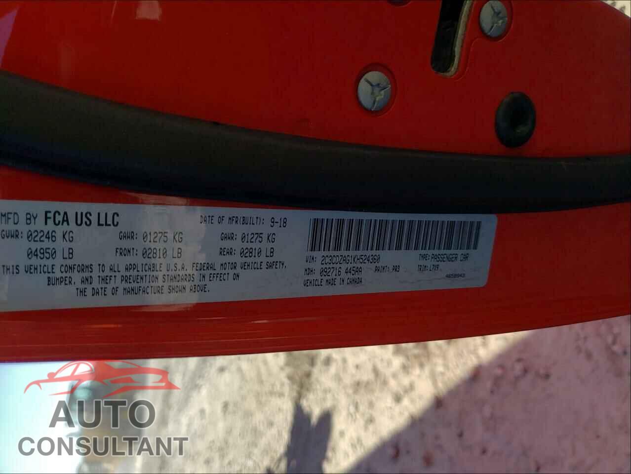 DODGE CHALLENGER 2019 - 2C3CDZAG1KH524360