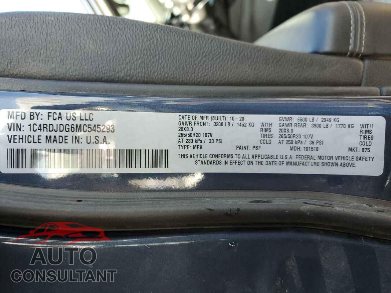 DODGE DURANGO 2021 - 1C4RDJDG6MC545293
