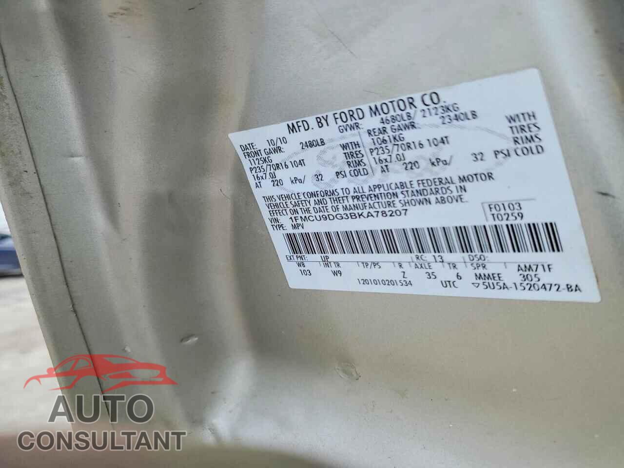 FORD ESCAPE 2011 - 1FMCU9DG3BKA78207