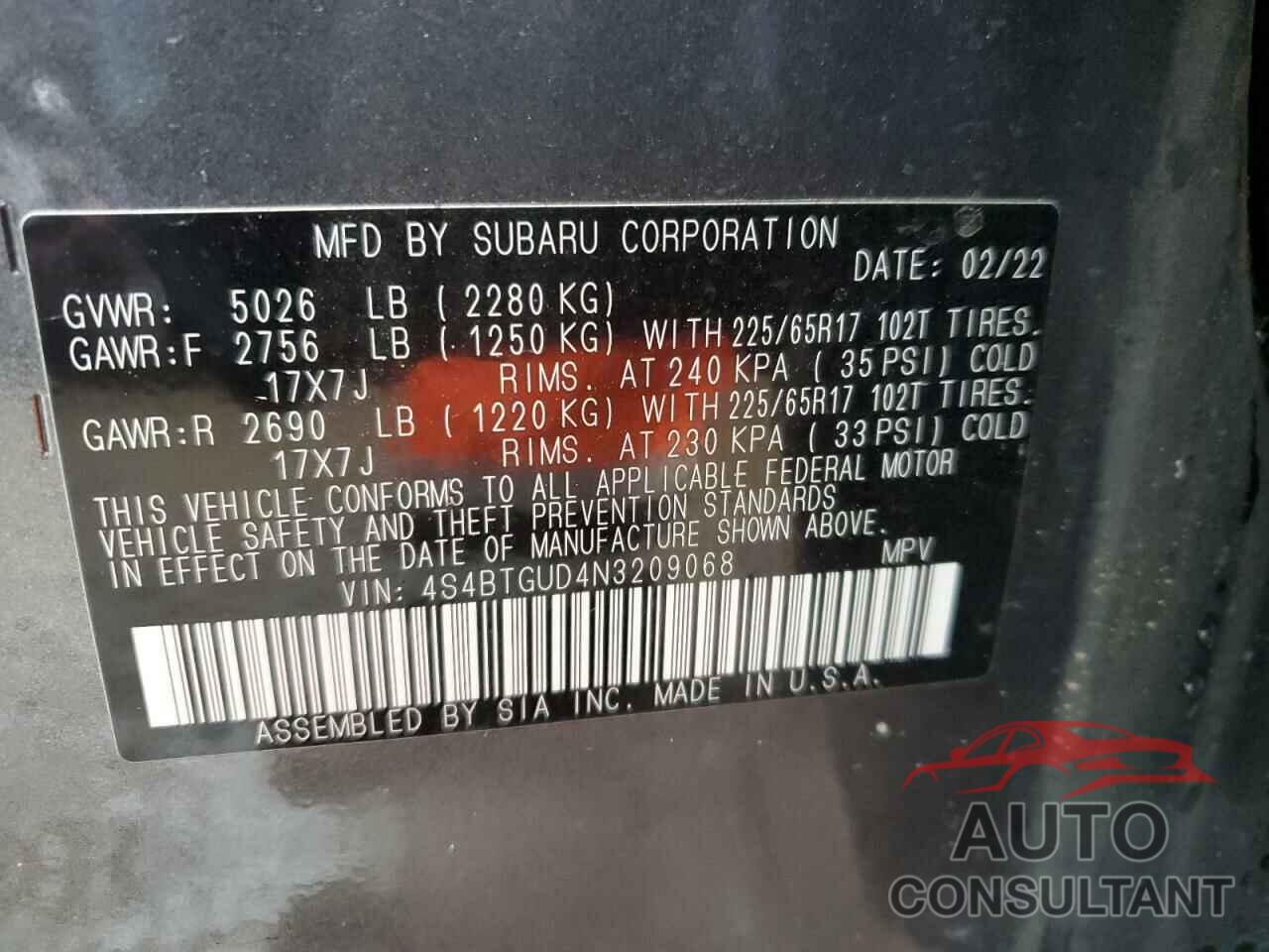 SUBARU OUTBACK WI 2022 - 4S4BTGUD4N3209068