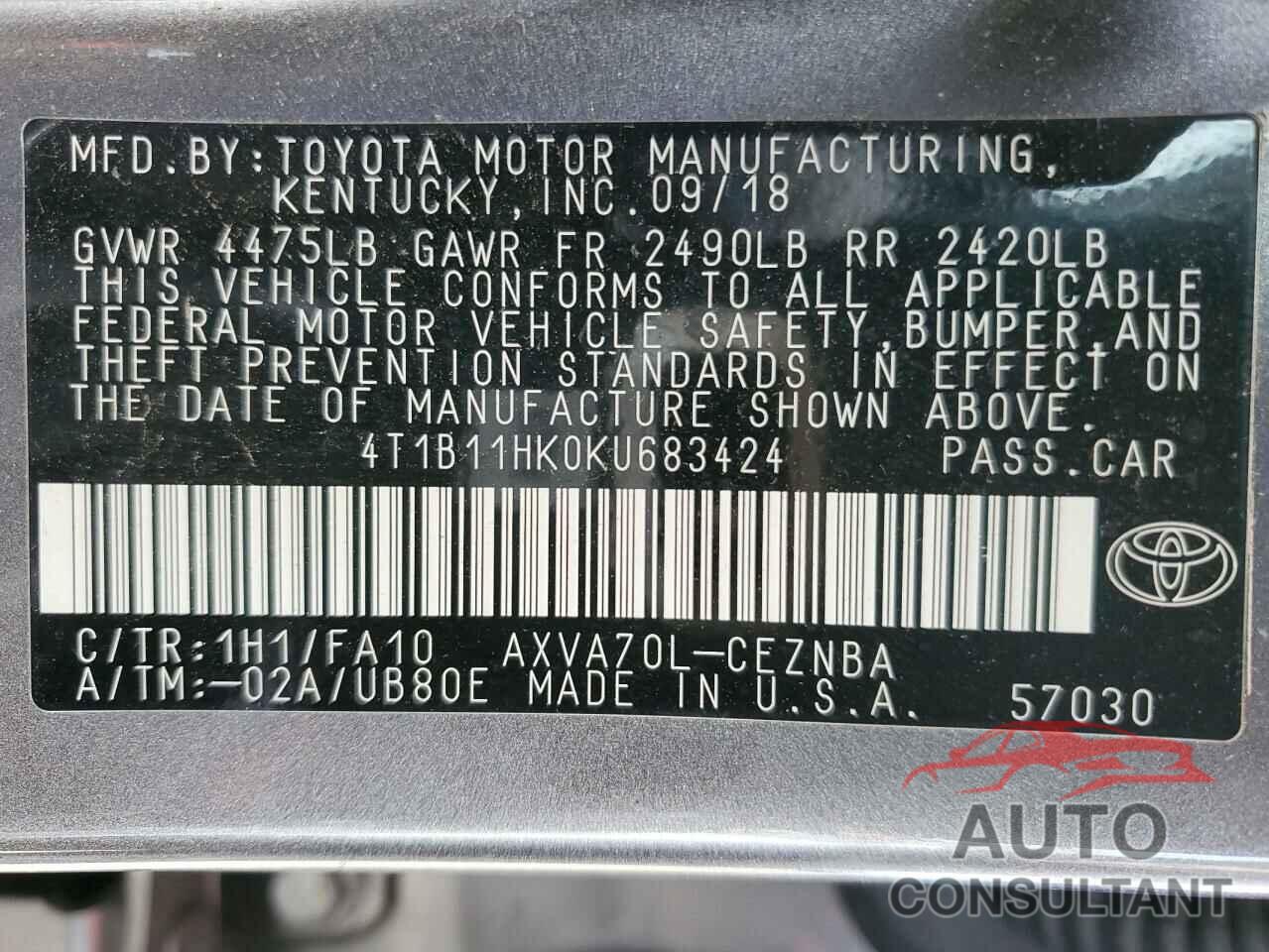 TOYOTA CAMRY 2019 - 4T1B11HK0KU683424