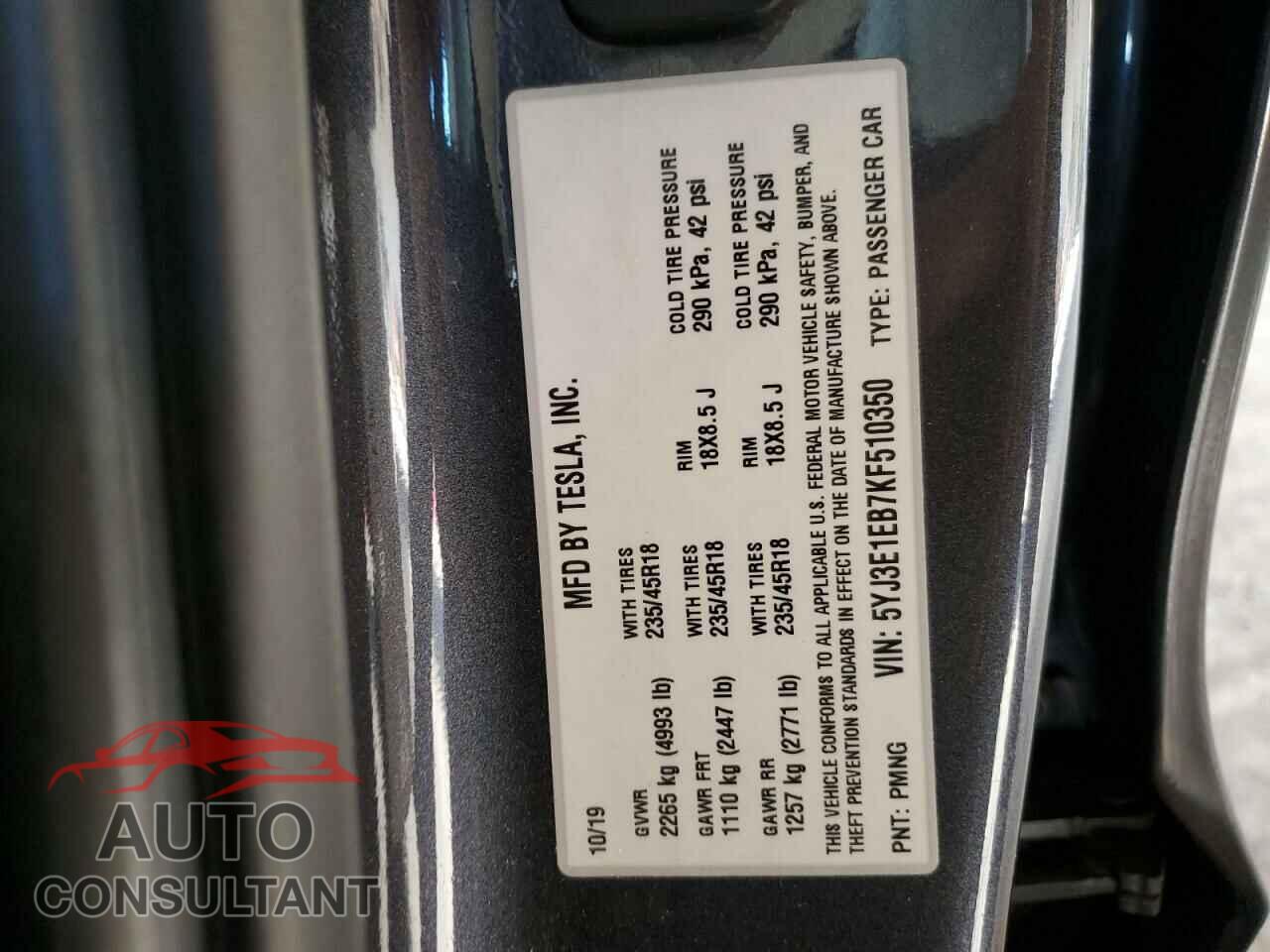 TESLA MODEL 3 2019 - 5YJ3E1EB7KF510350
