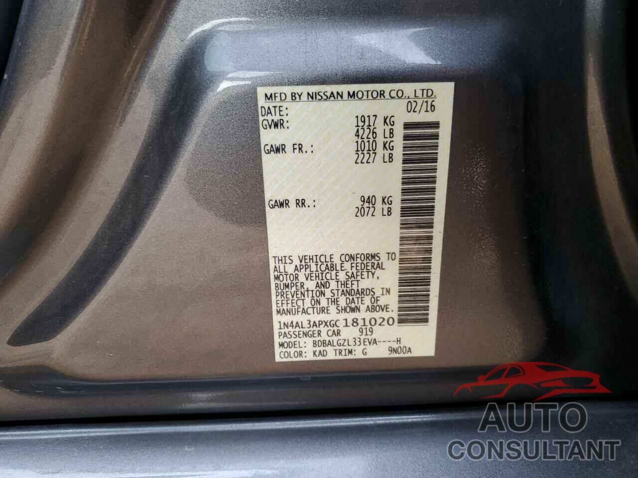 NISSAN ALTIMA 2016 - 1N4AL3APXGC181020