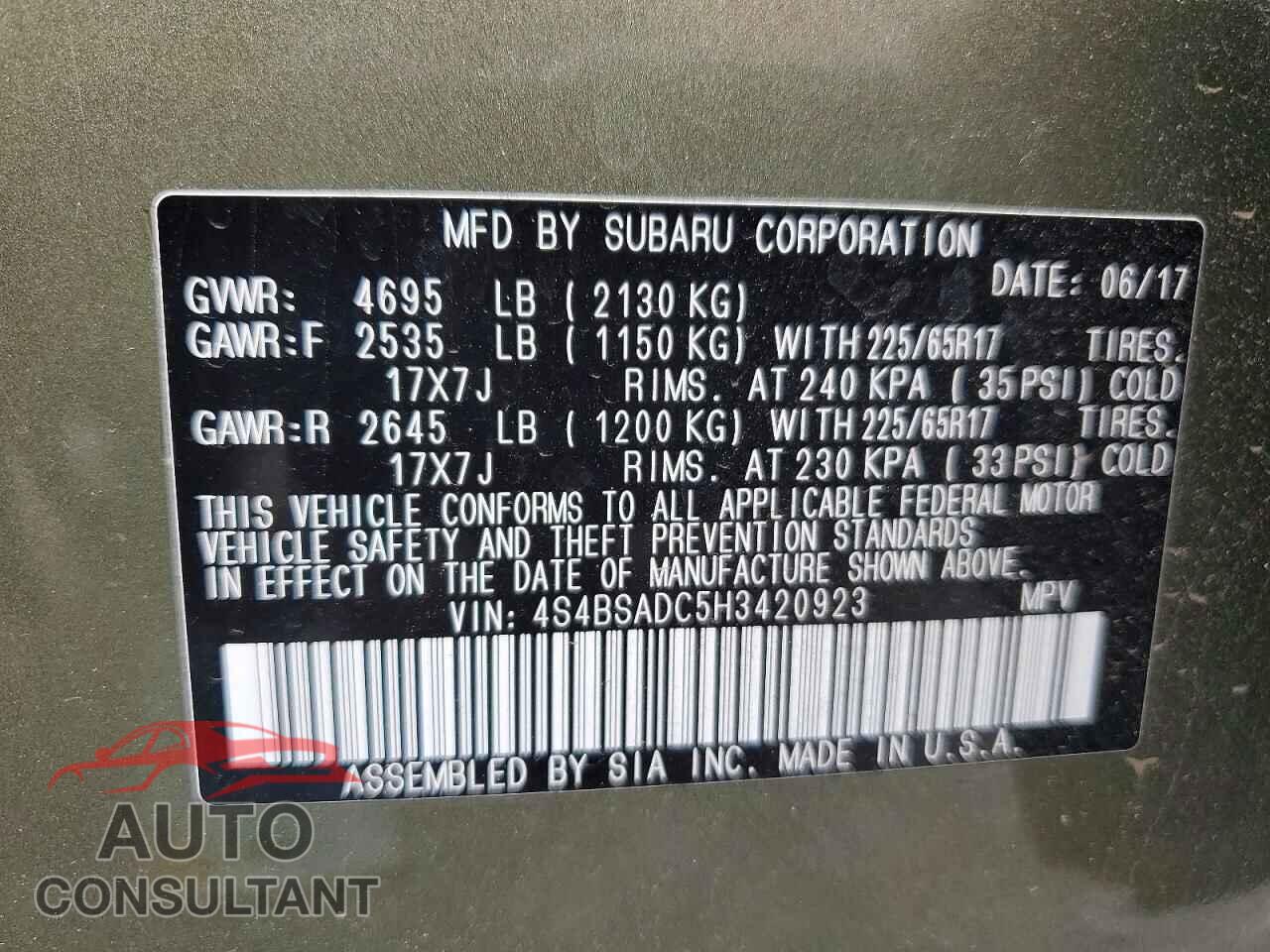 SUBARU OUTBACK 2017 - 4S4BSADC5H3420923