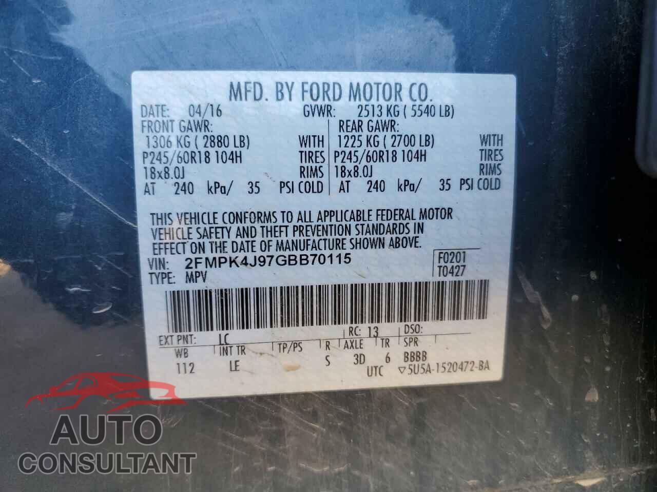 FORD EDGE 2016 - 2FMPK4J97GBB70115