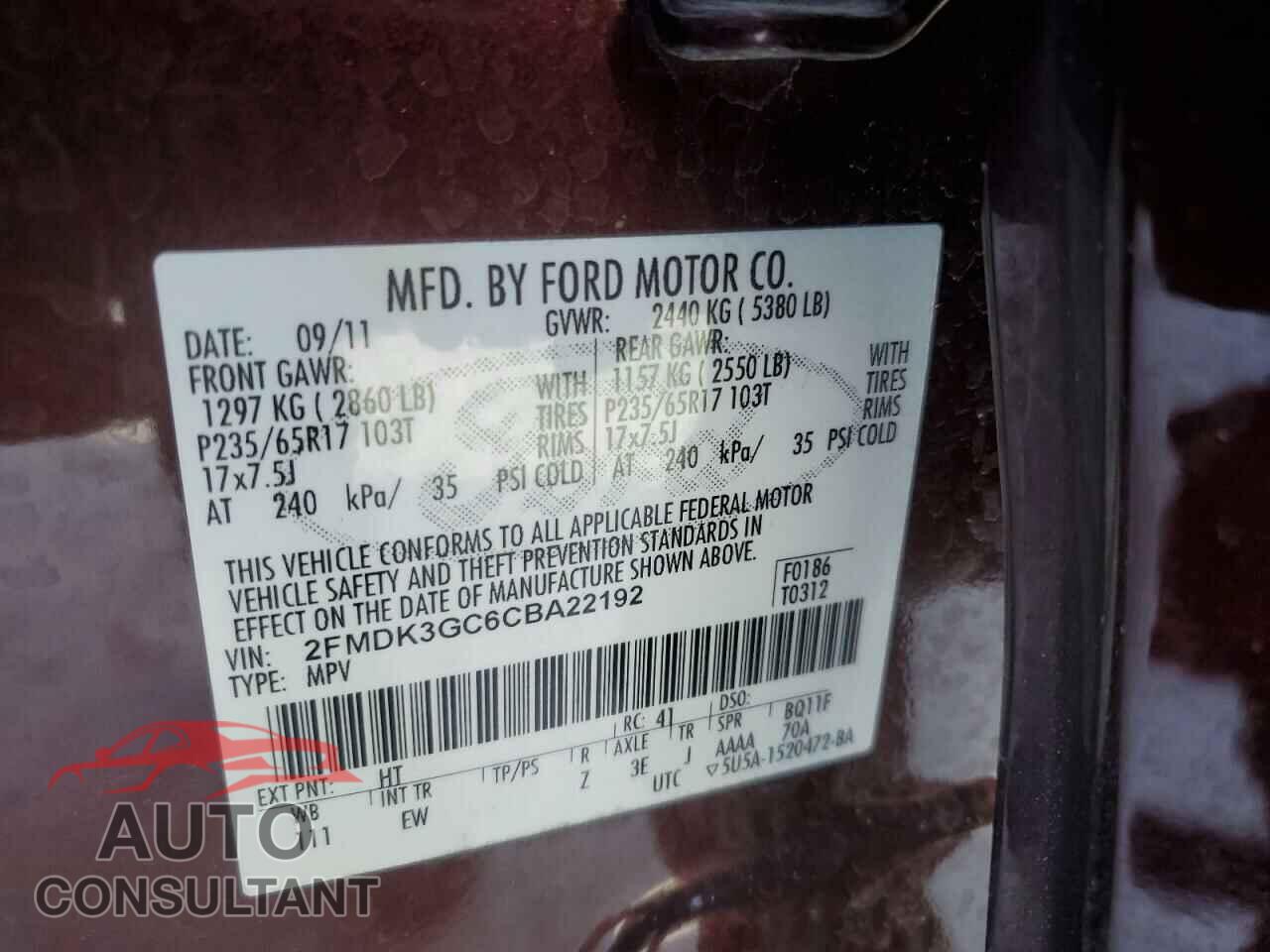 FORD EDGE 2012 - 2FMDK3GC6CBA22192