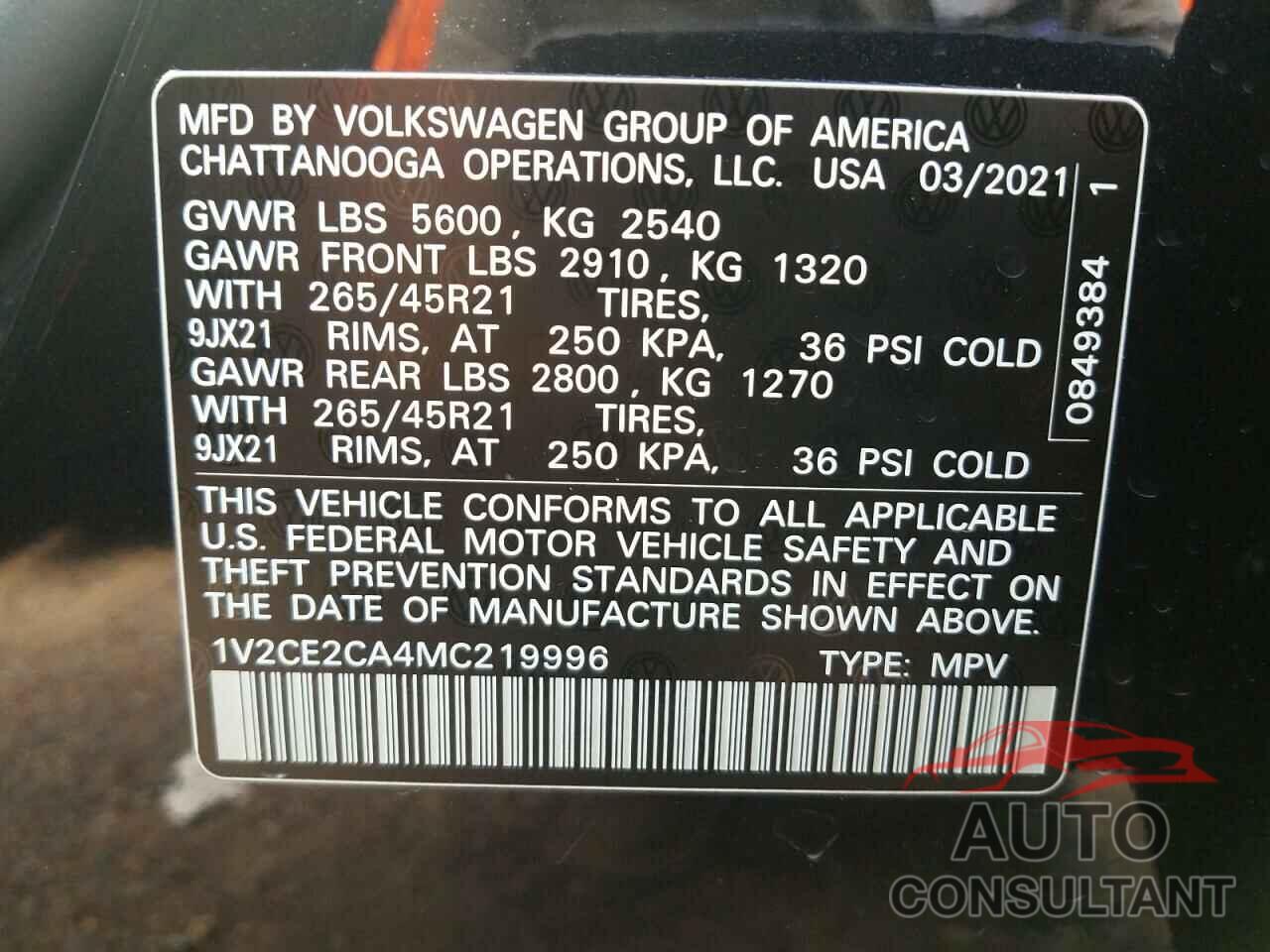 VOLKSWAGEN ATLAS 2021 - 1V2CE2CA4MC219996