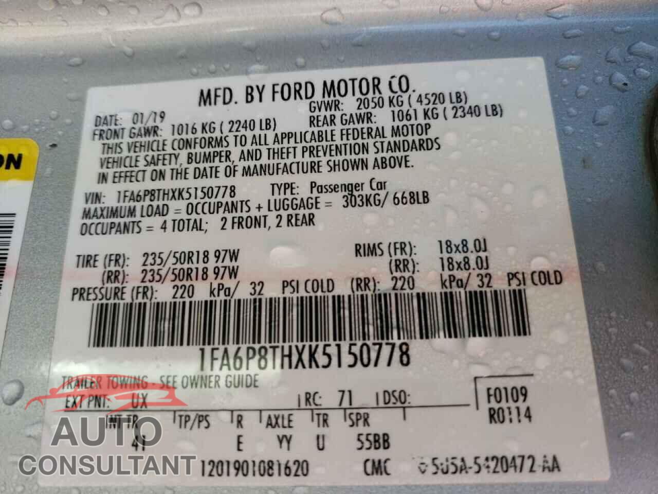 FORD MUSTANG 2019 - 1FA6P8THXK5150778