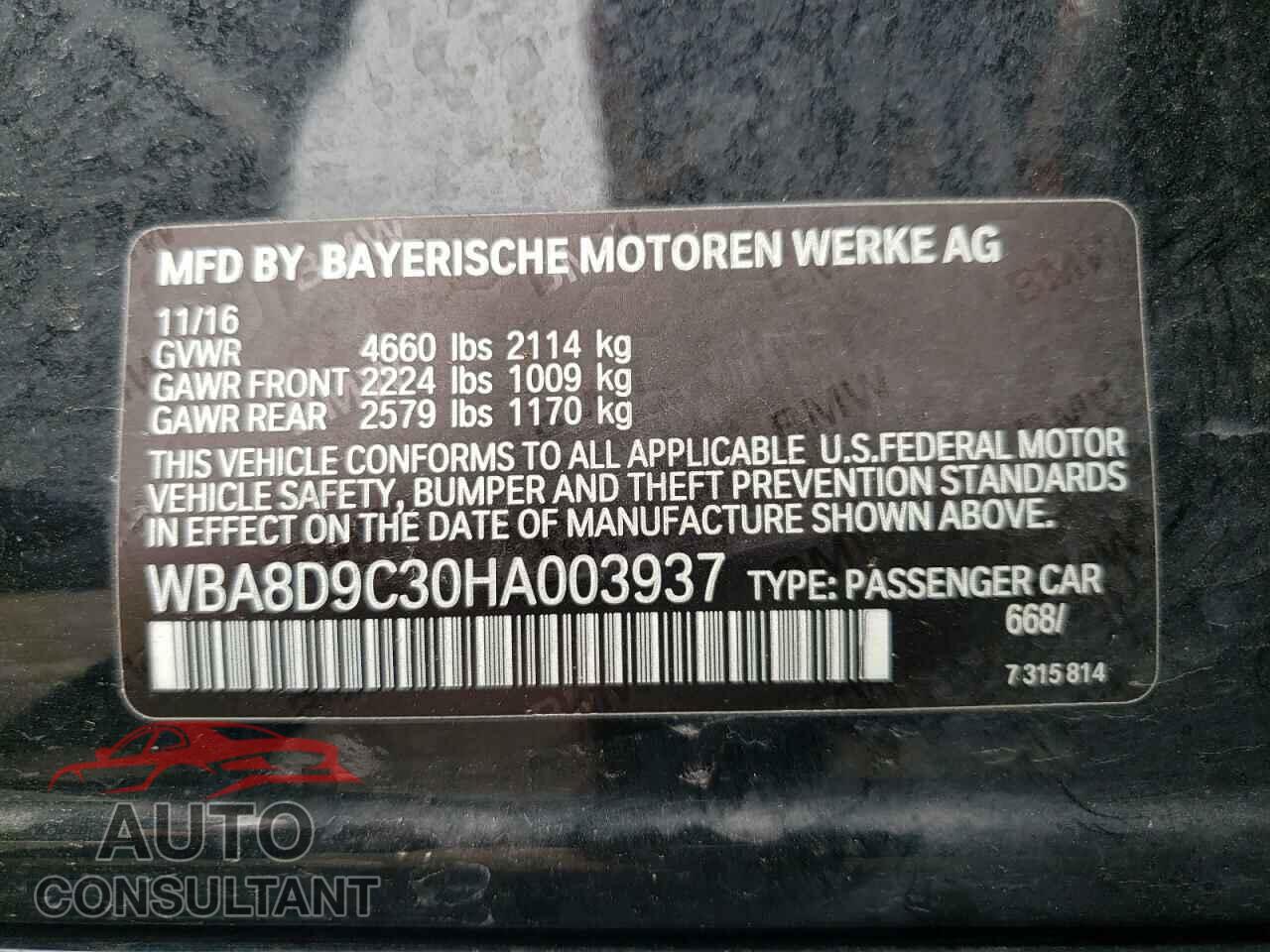 BMW 3 SERIES 2017 - WBA8D9C30HA003937