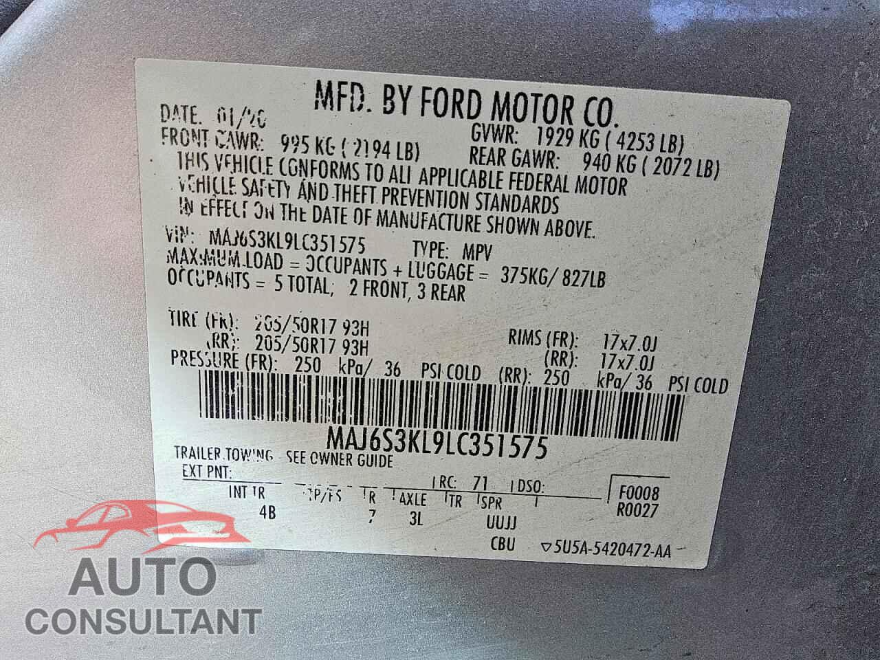 FORD ECOSPORT 2020 - MAJ6S3KL9LC351575