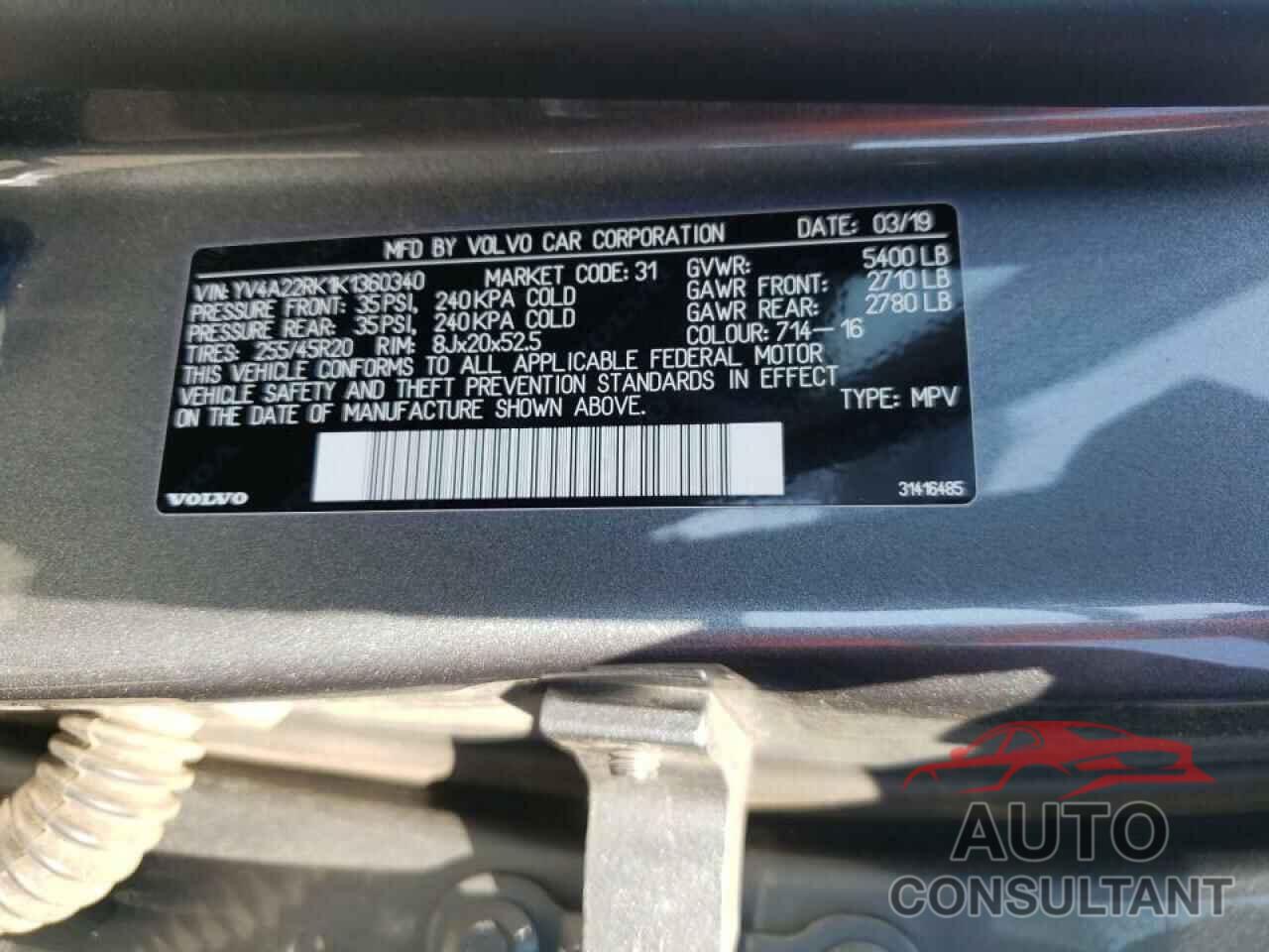 VOLVO XC60 2019 - YV4A22RK1K1360340