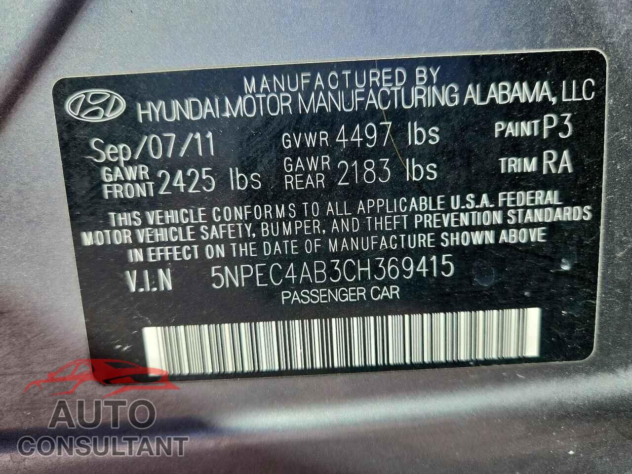 HYUNDAI SONATA 2012 - 5NPEC4AB3CH369415