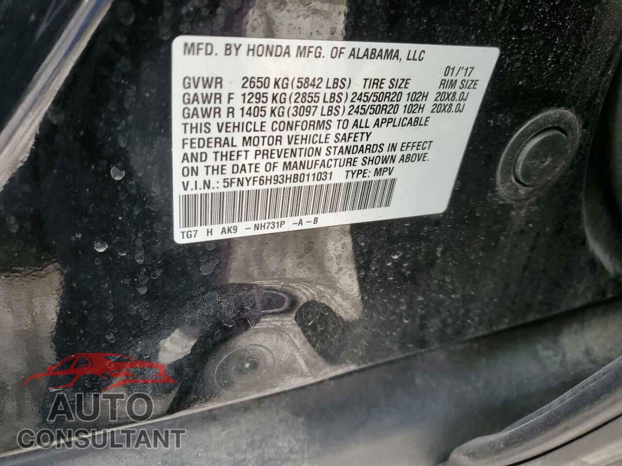 HONDA PILOT 2017 - 5FNYF6H93HB011031