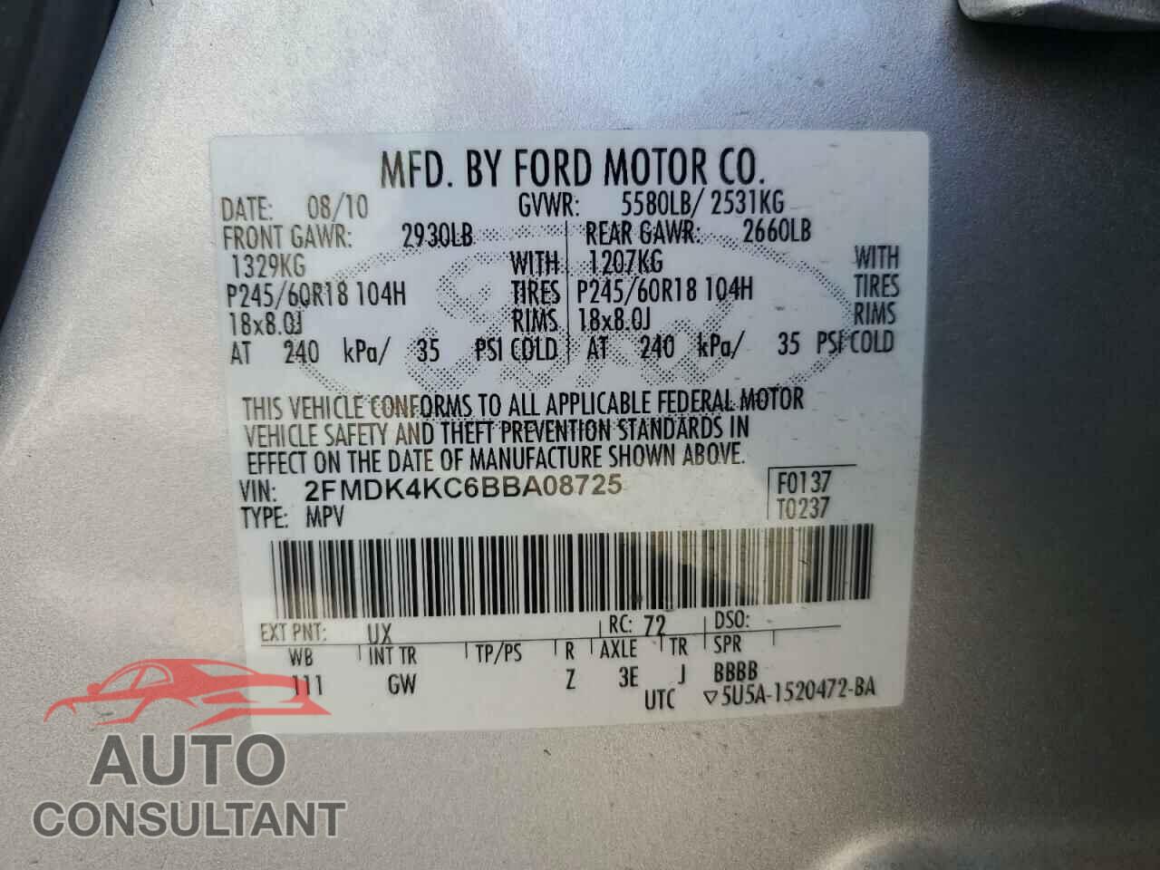 FORD EDGE 2011 - 2FMDK4KC6BBA08725