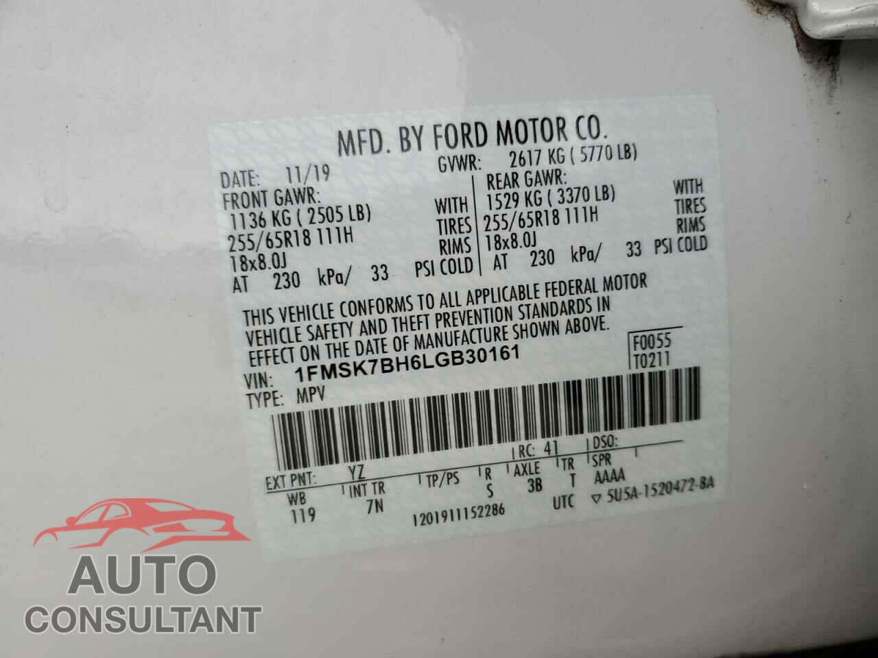 FORD EXPLORER 2020 - 1FMSK7BH6LGB30161