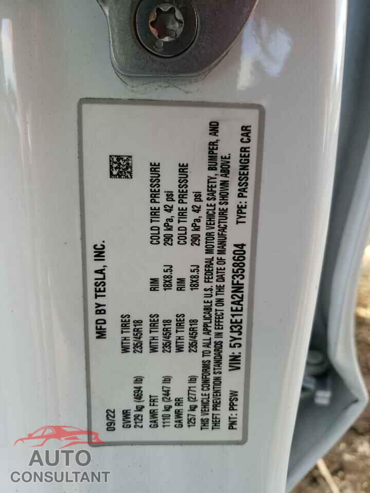 TESLA MODEL 3 2022 - 5YJ3E1EA2NF358604