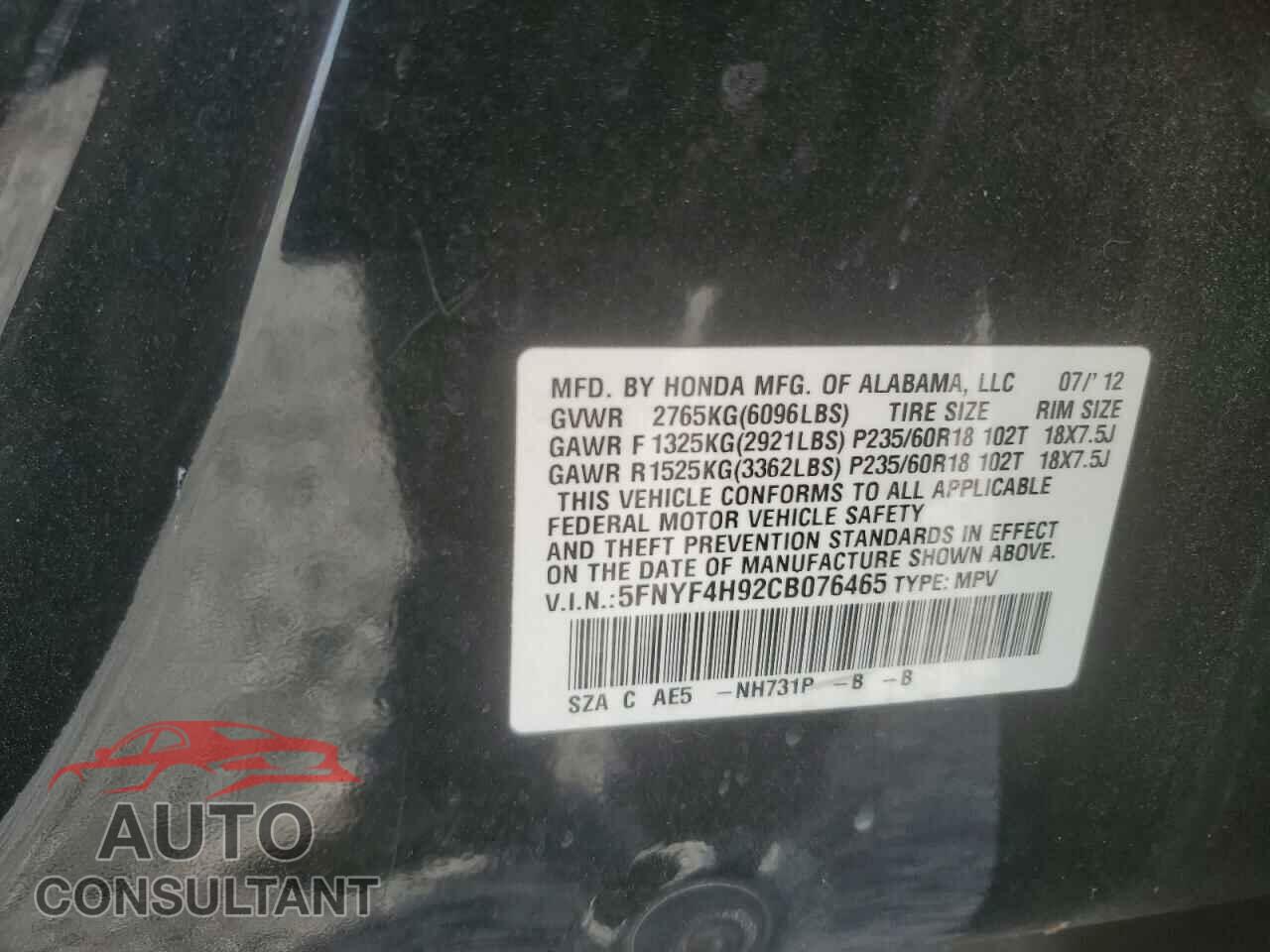 HONDA PILOT 2012 - 5FNYF4H92CB076465