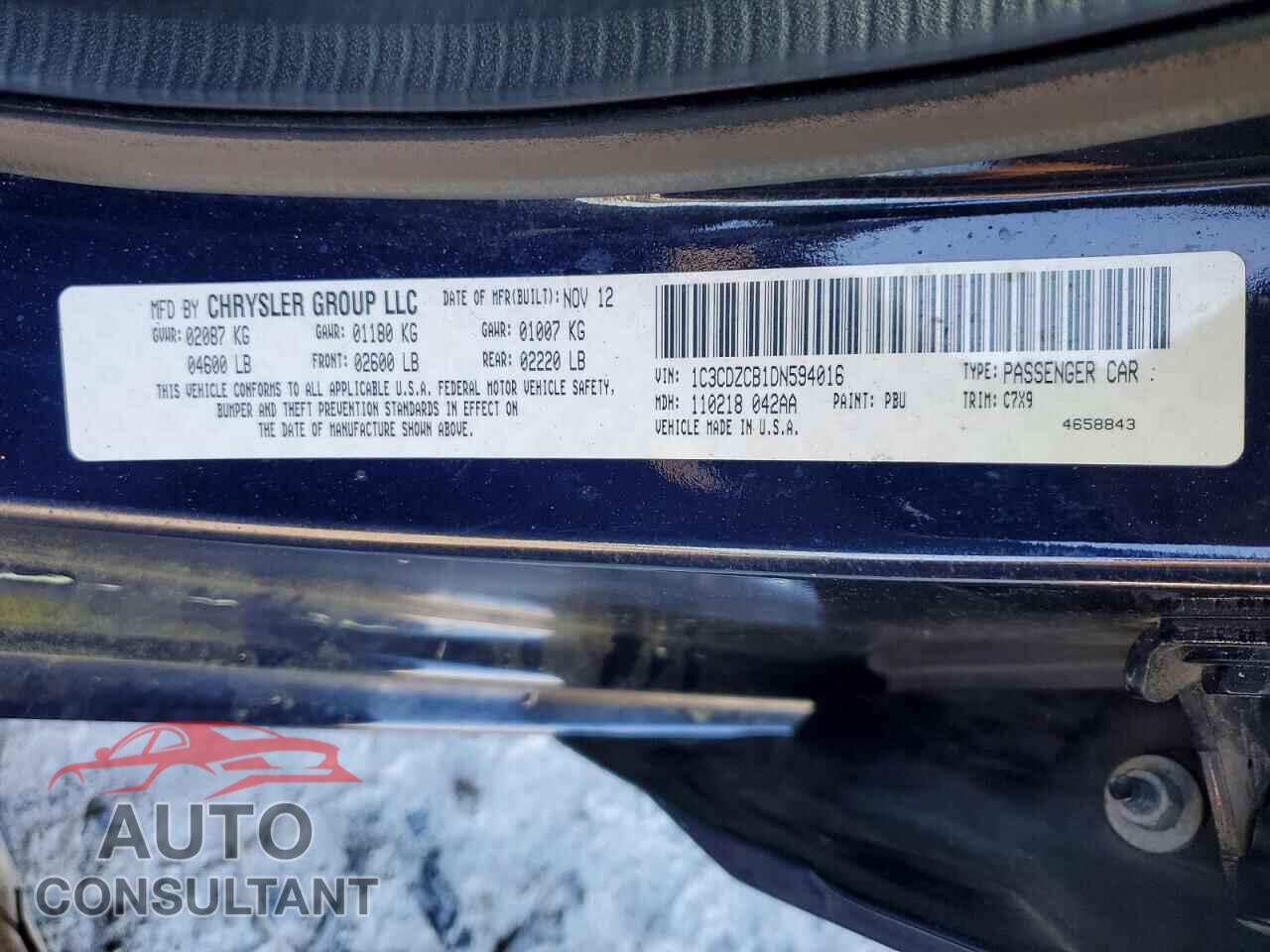 DODGE AVENGER 2013 - 1C3CDZCB1DN594016