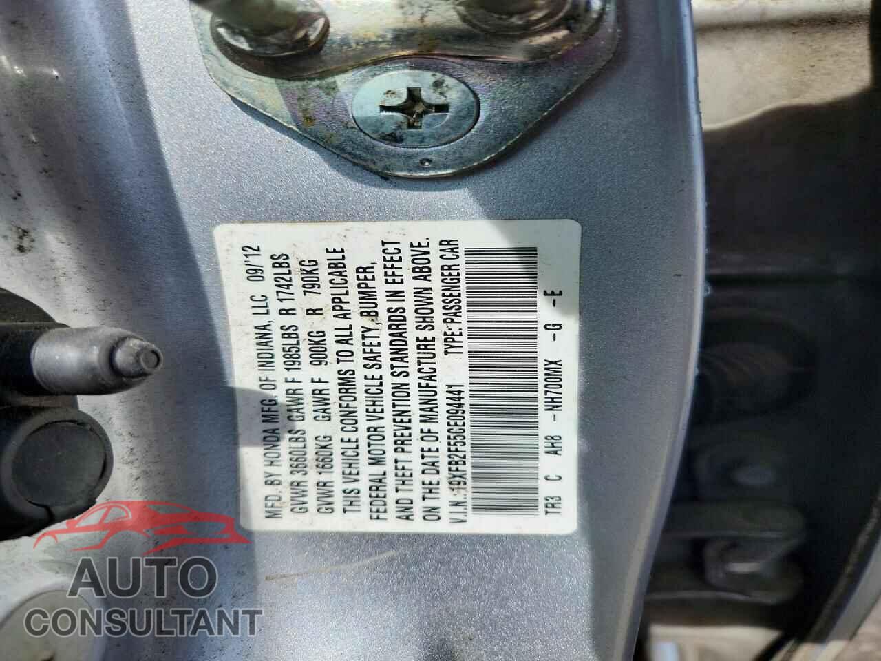 HONDA CIVIC 2012 - 19XFB2F55CE094441