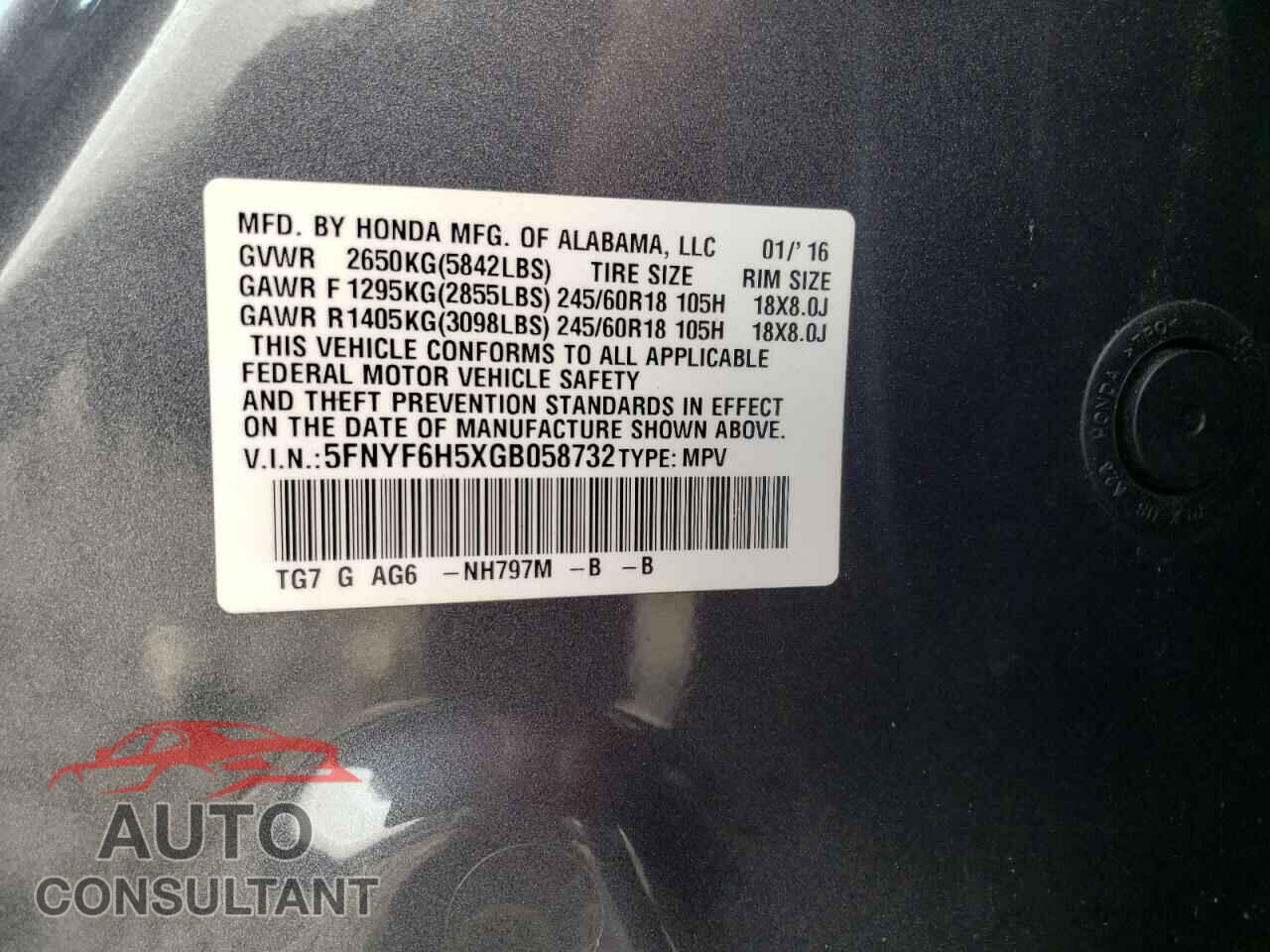 HONDA PILOT 2016 - 5FNYF6H5XGB058732