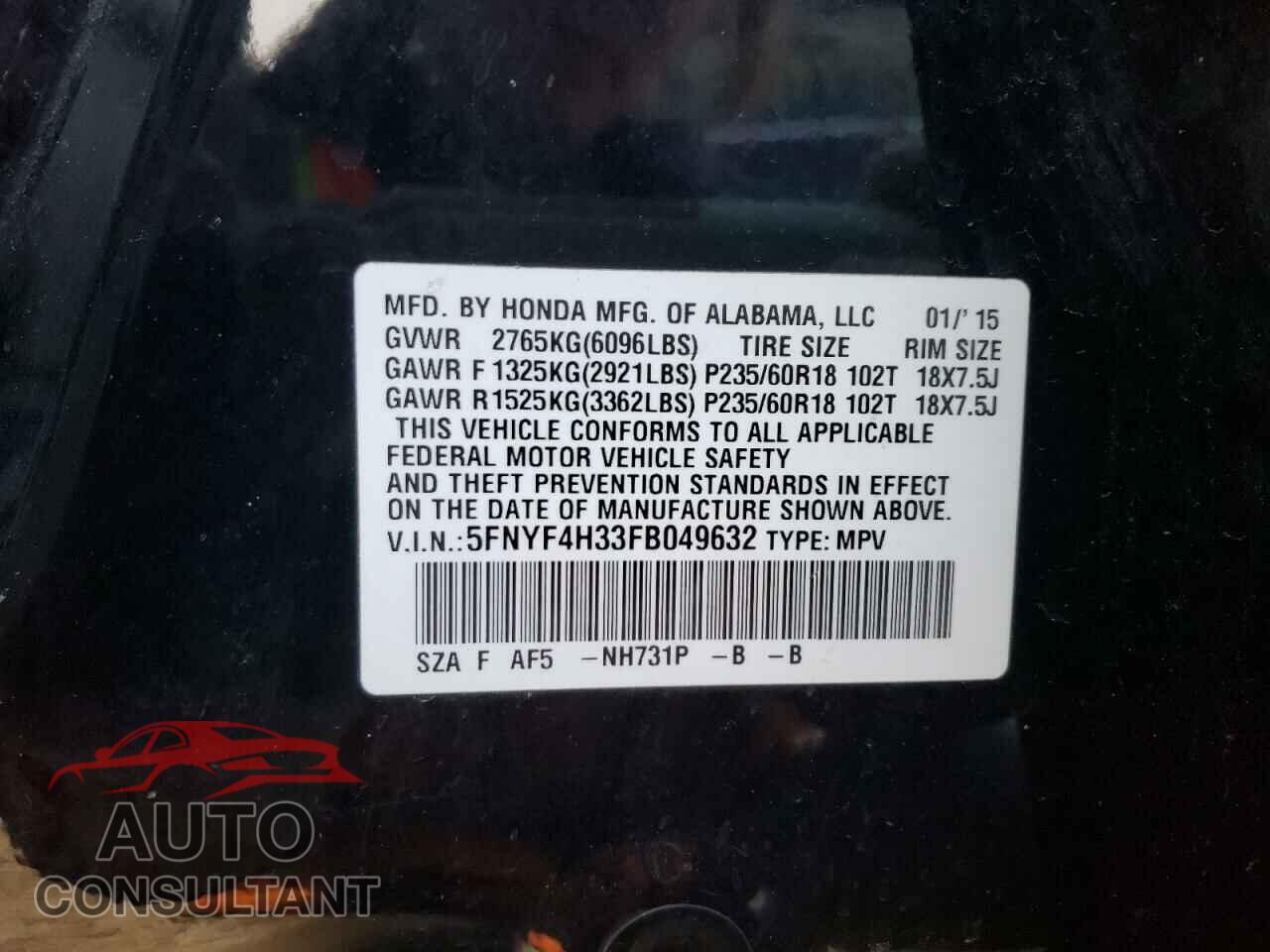 HONDA PILOT 2015 - 5FNYF4H33FB049632