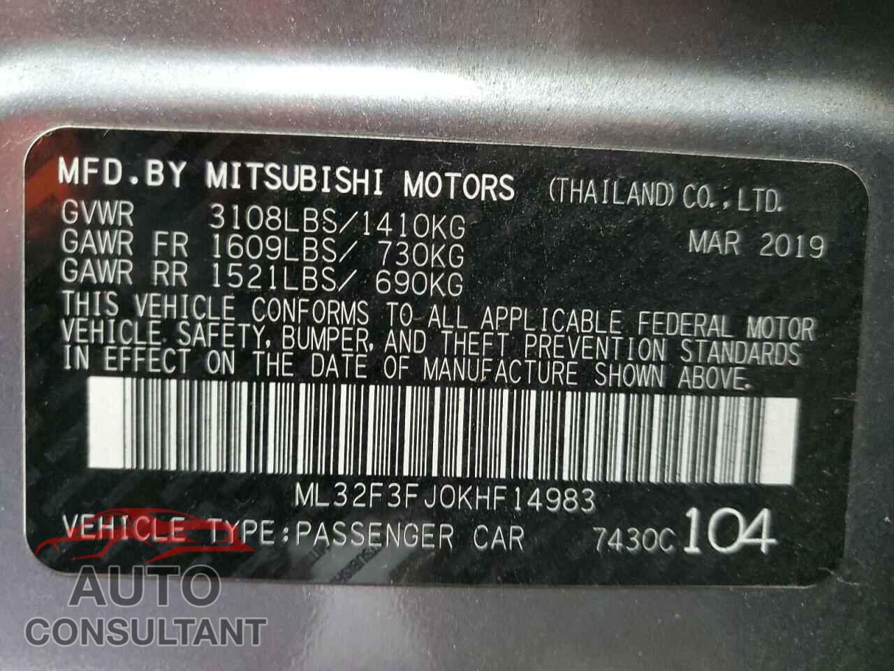 MITSUBISHI MIRAGE 2019 - ML32F3FJ0KHF14983