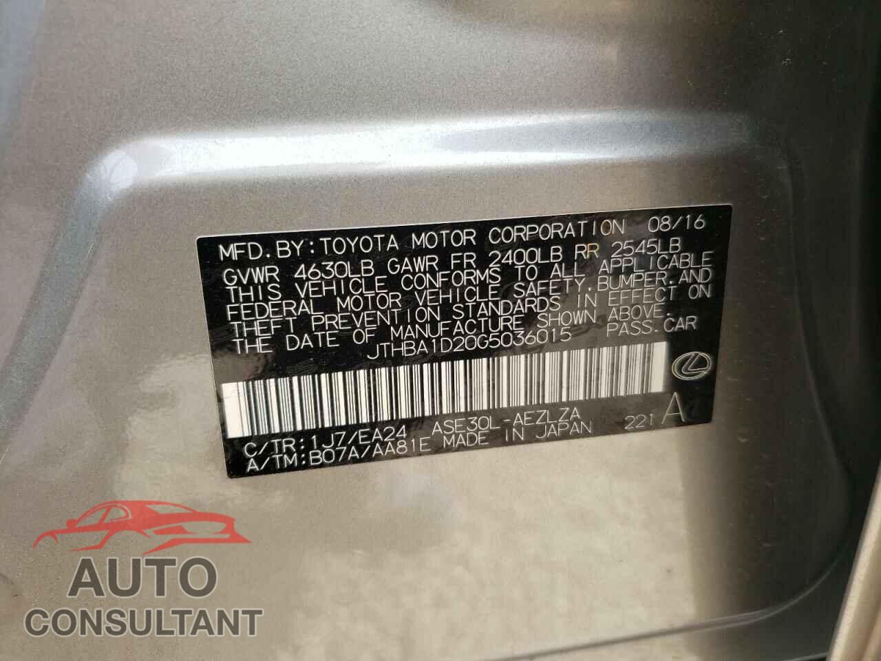 LEXUS IS 2016 - JTHBA1D20G5036015