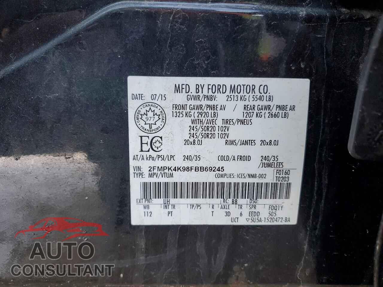 FORD EDGE 2015 - 2FMPK4K98FBB69245
