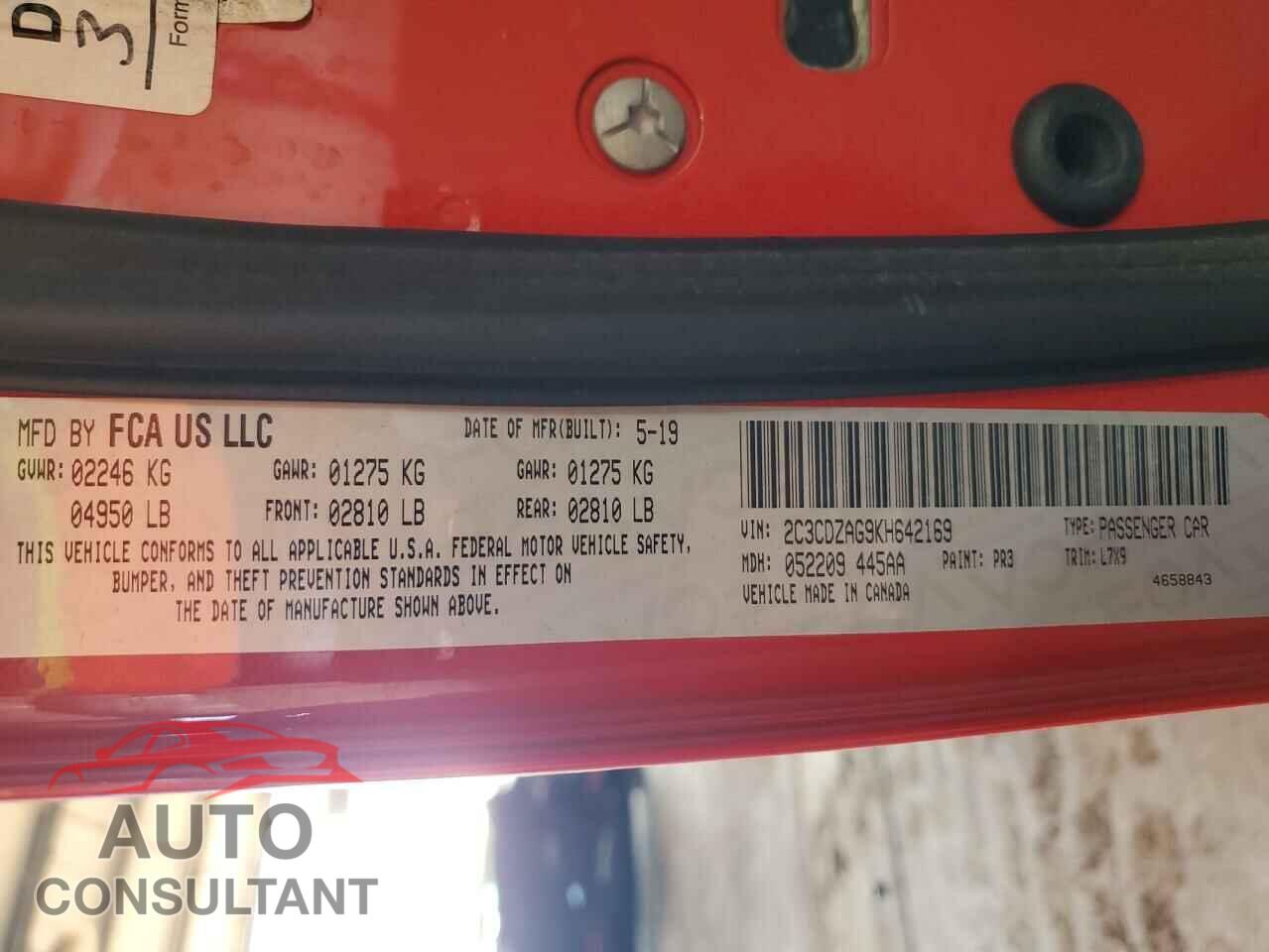 DODGE CHALLENGER 2019 - 2C3CDZAG9KH642169