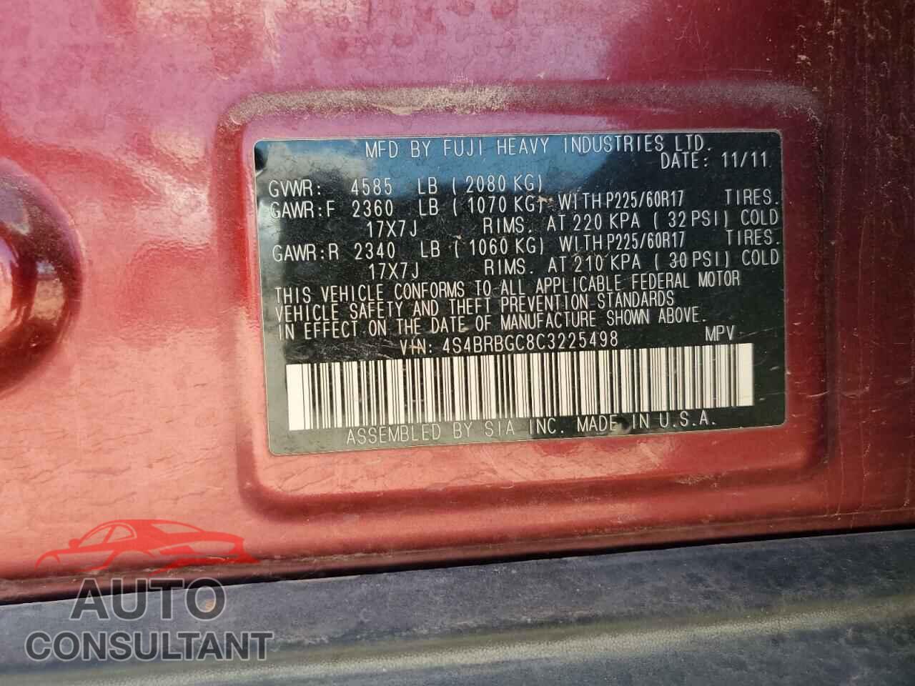 SUBARU OUTBACK 2012 - 4S4BRBGC8C3225498