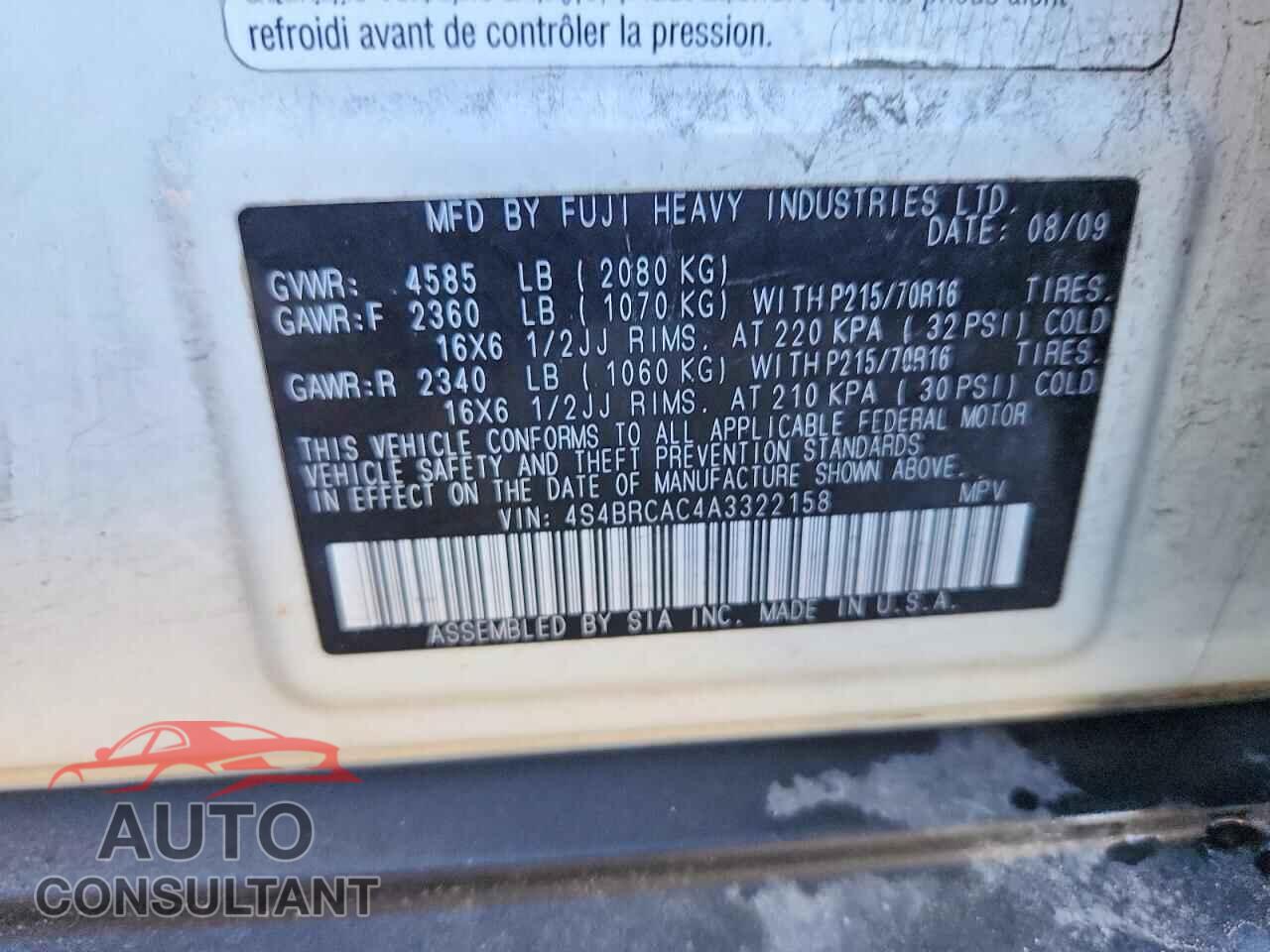 SUBARU OUTBACK 2010 - 4S4BRCAC4A3322158