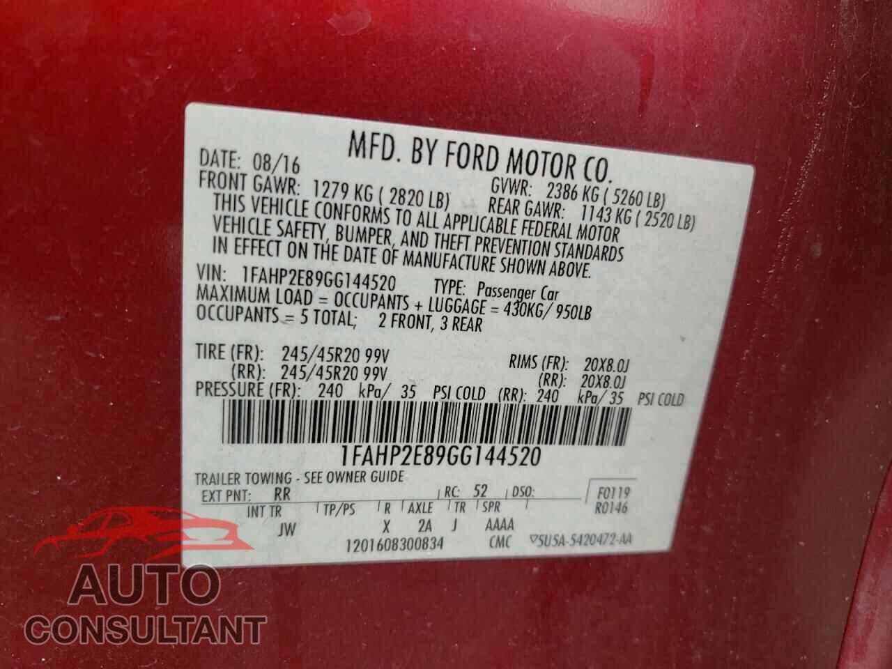 FORD TAURUS 2016 - 1FAHP2E89GG144520