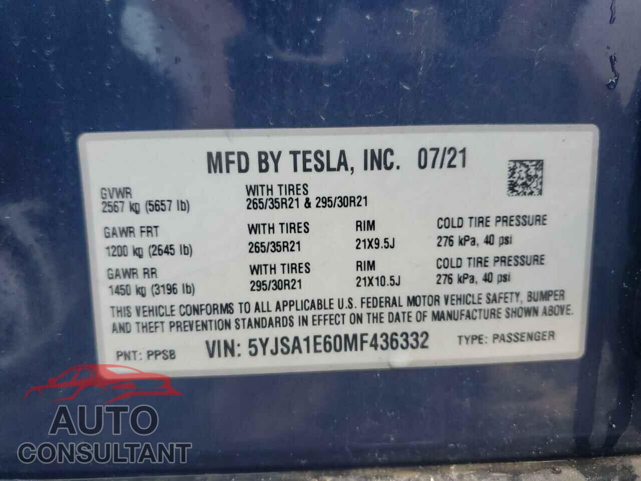 TESLA MODEL S 2021 - 5YJSA1E60MF436332