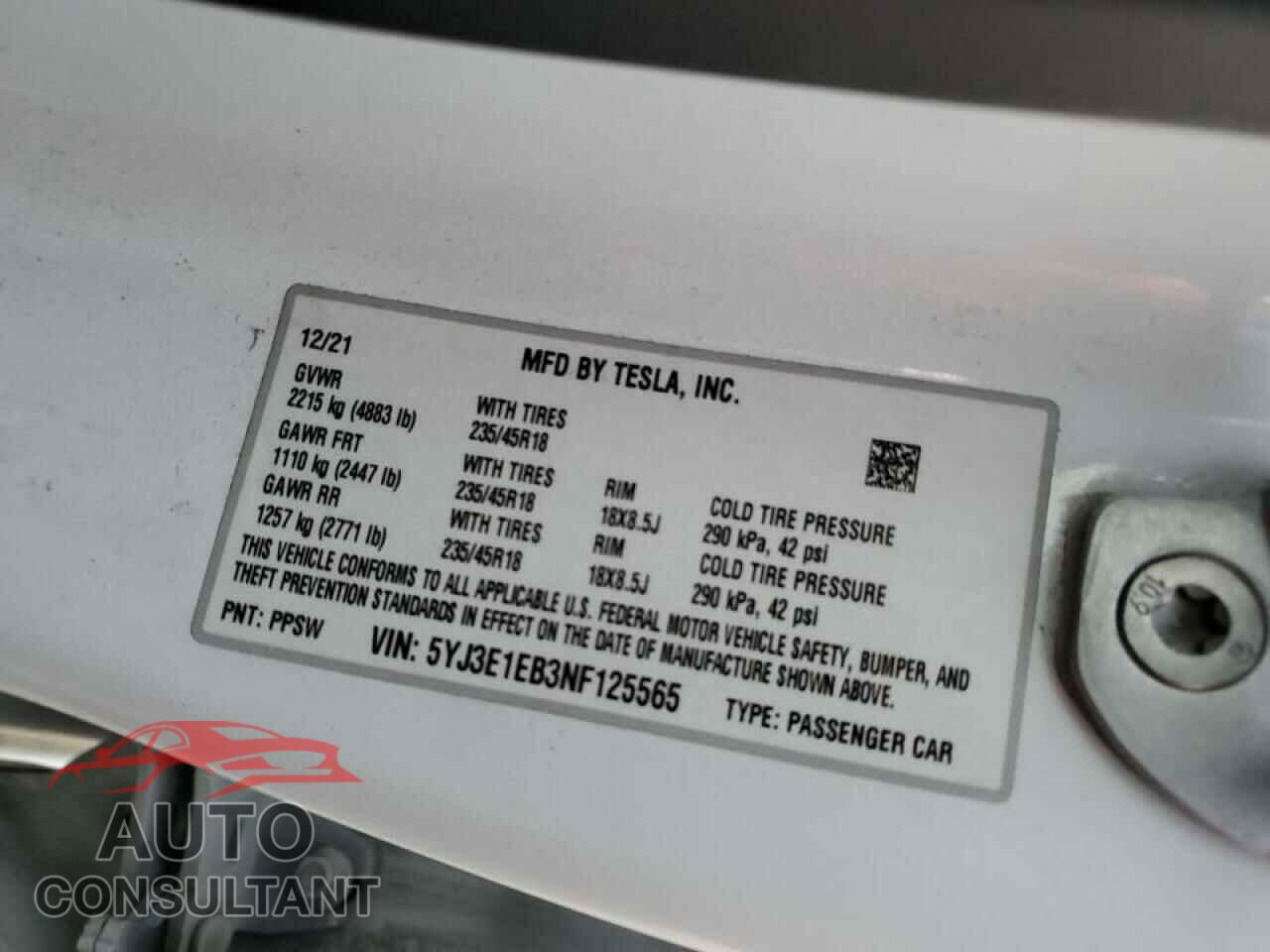 TESLA MODEL 3 2022 - 5YJ3E1EB3NF125565