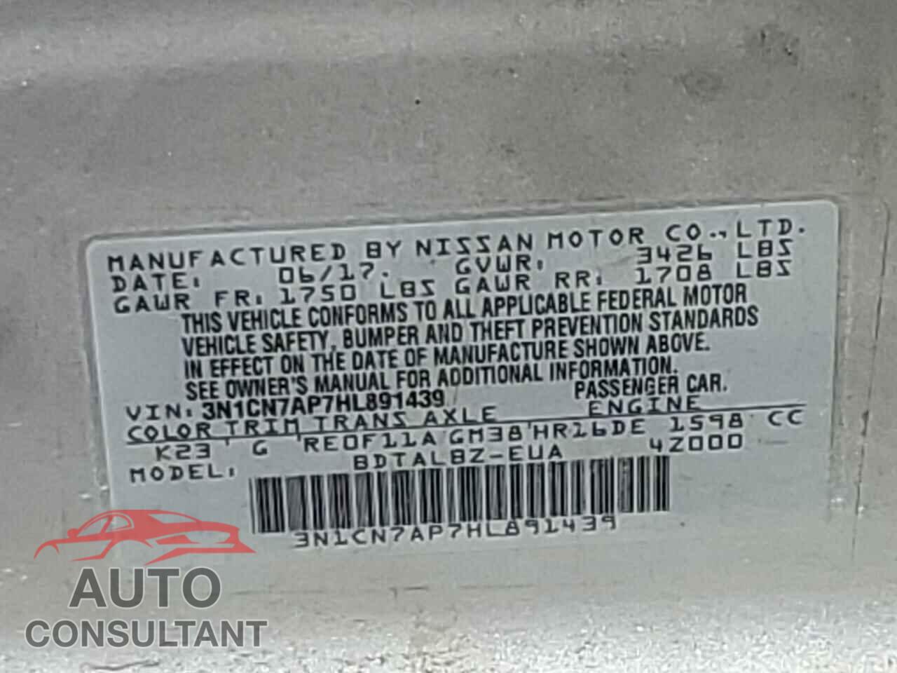 NISSAN VERSA 2017 - 3N1CN7AP7HL891439