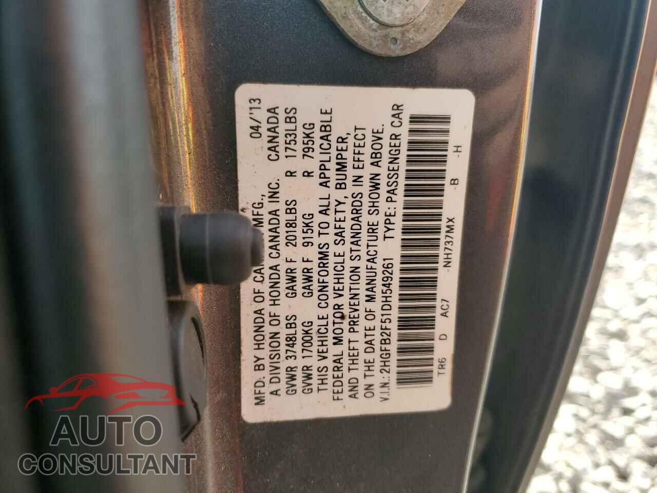 HONDA CIVIC 2013 - 2HGFB2F51DH549261