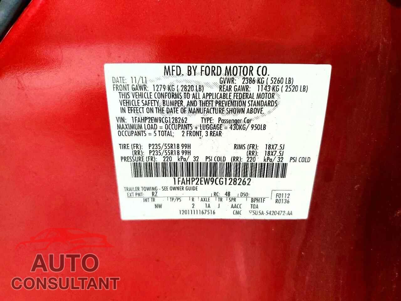 FORD TAURUS 2012 - 1FAHP2EW9CG128262