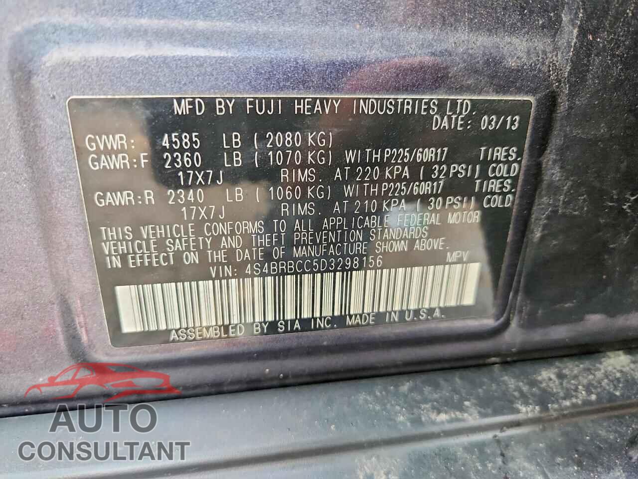 SUBARU OUTBACK 2013 - 4S4BRBCC5D3298156