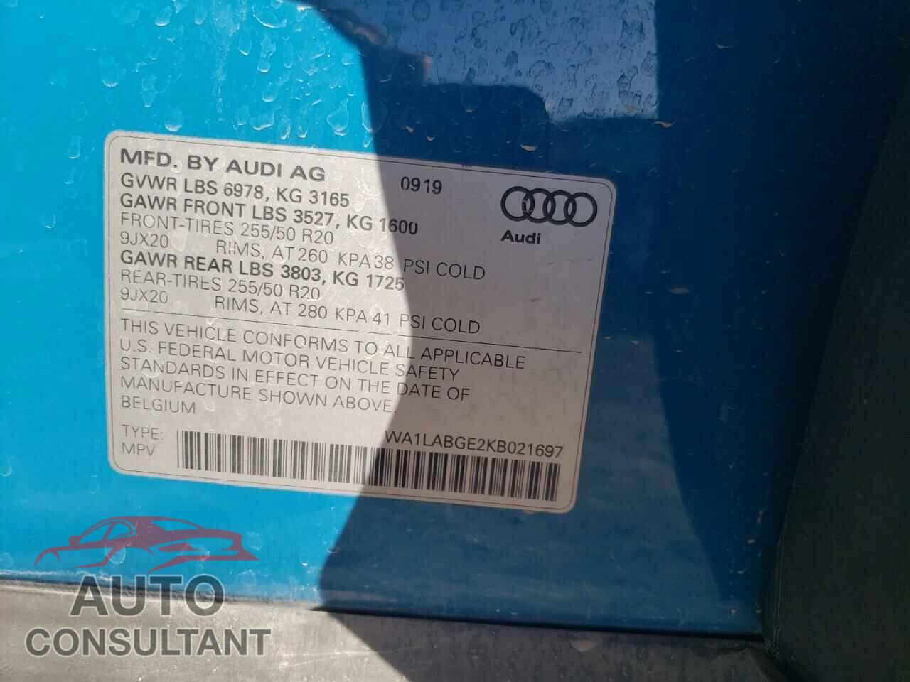 AUDI E-TRON 2019 - WA1LABGE2KB021697