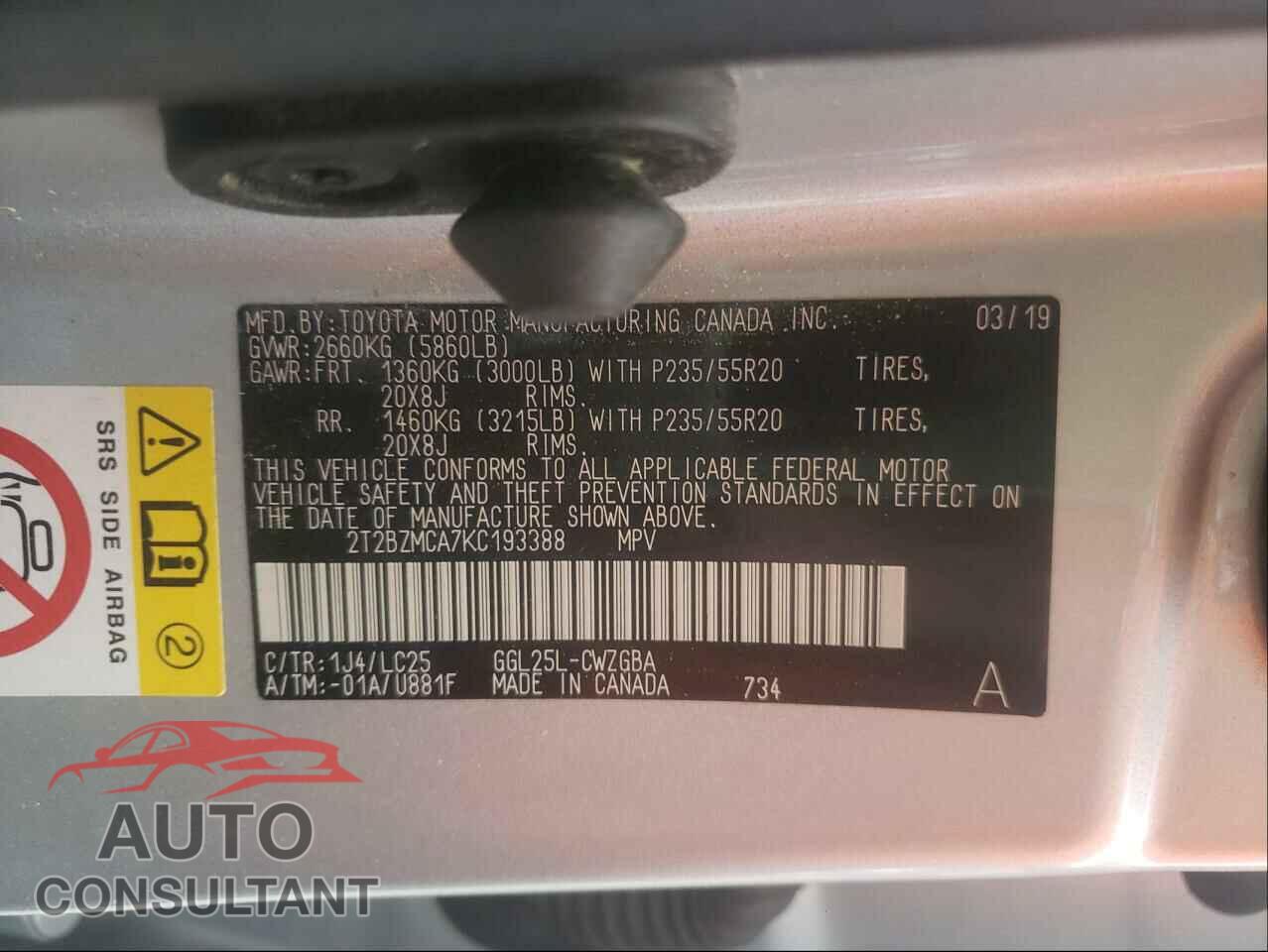 LEXUS RX350 2019 - 2T2BZMCA7KC193388