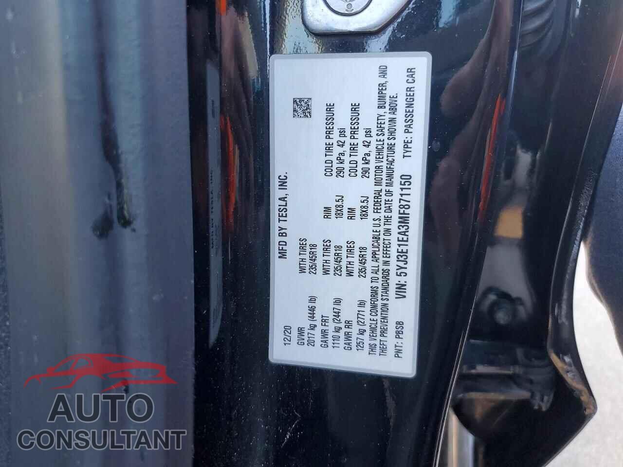 TESLA MODEL 3 2021 - 5YJ3E1EA3MF871150
